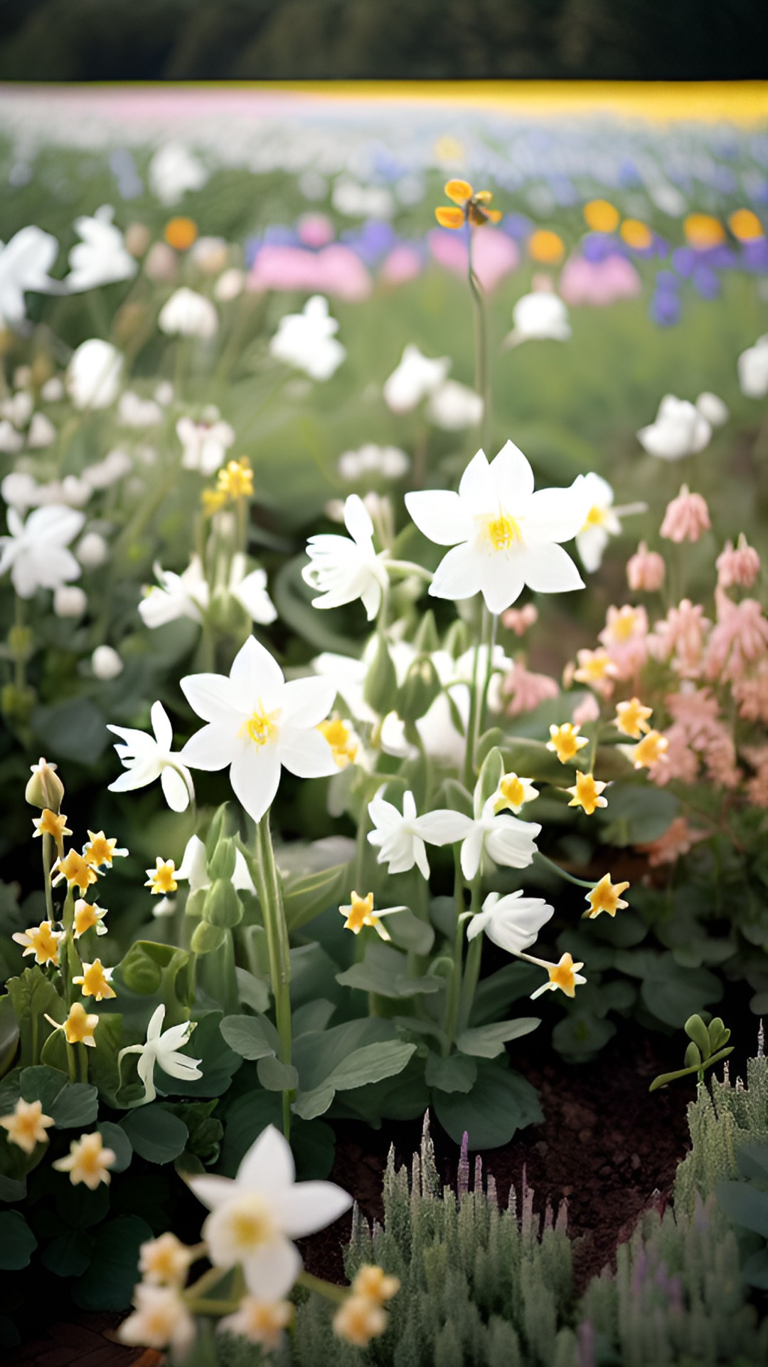 flowerfield - bright sunshine over a 
flower field with millions of little delicate flowers like columbine in very soft colours
highly detailed realistic
pastel colours like blush and softyellow and offwhite preview