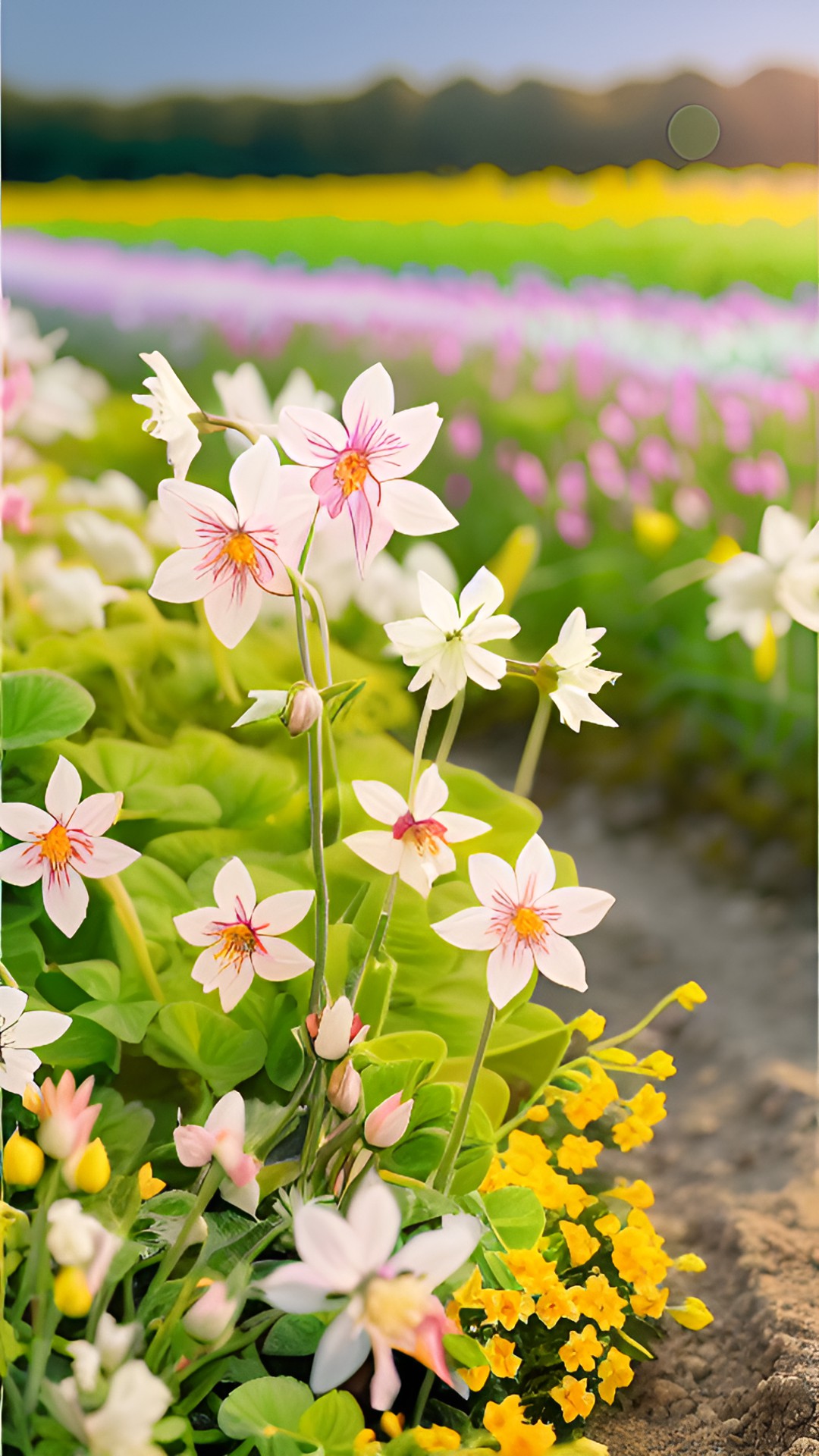 bright sunshine over a 
flower field with millions of little delicate flowers like columbine in very soft colours
highly detailed realistic
pastel colours like blush and softyellow and offwhite preview