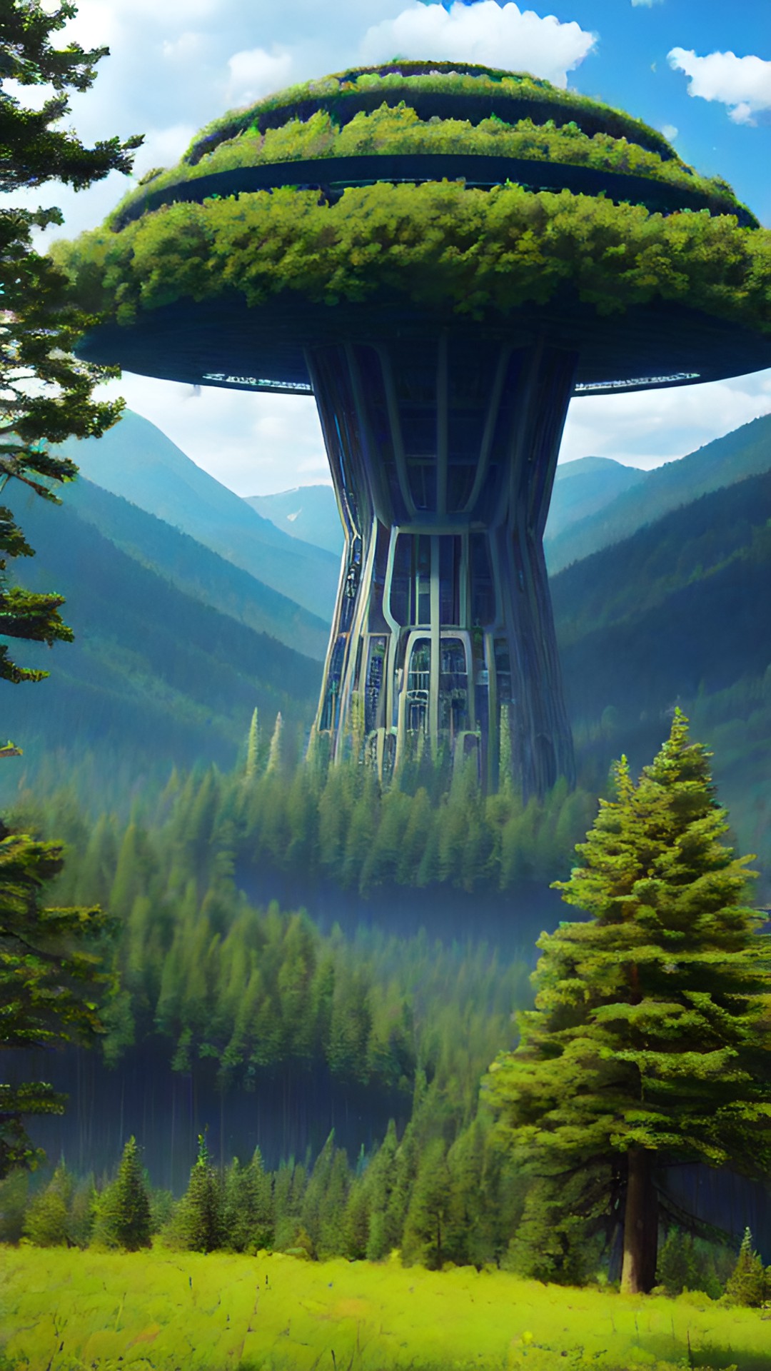 an alien structure surrounded by a forest and distant mountains preview