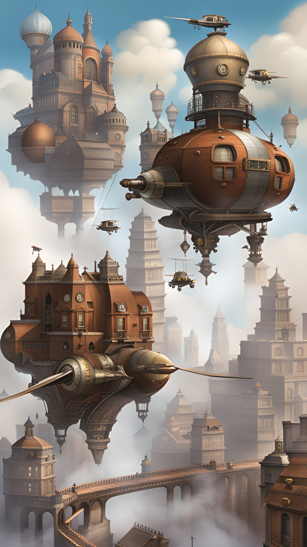 a city in the clouds, with steampunk robots and flying cars preview