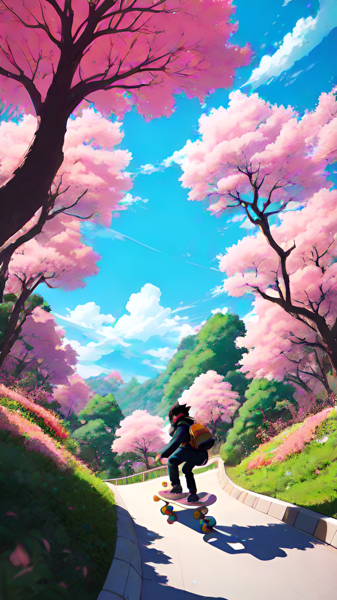 monkey riding a skateboard down a hill of pink trees preview