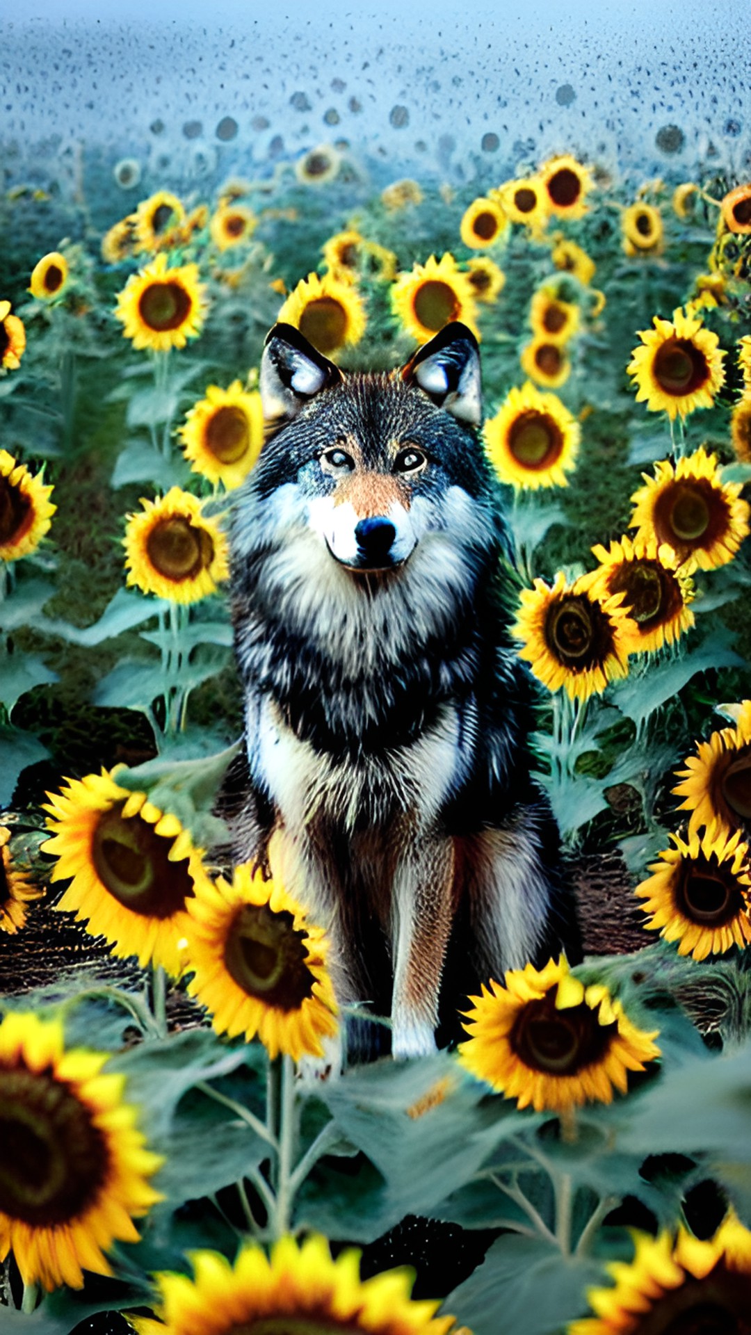 a wolf sitting in a field of sunflowers while it rains preview