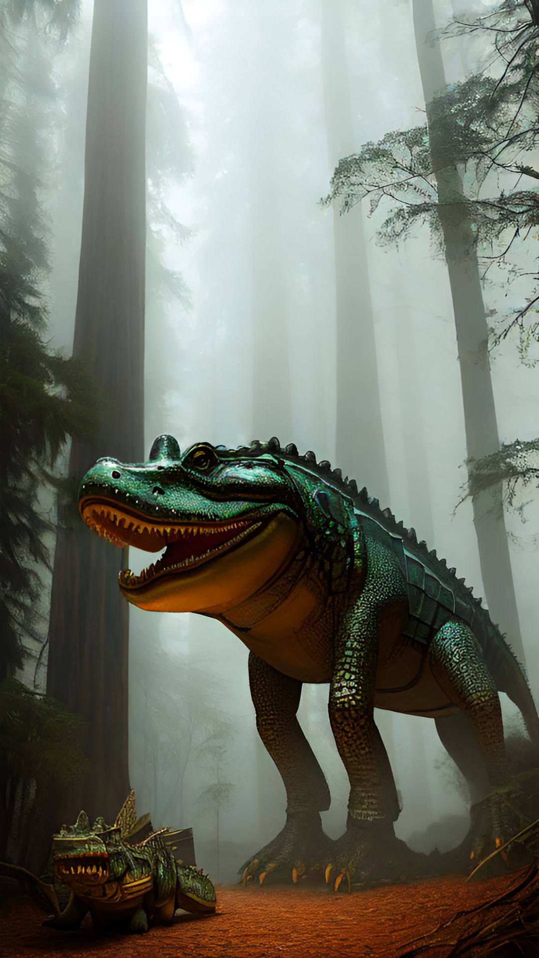 alligator  sitting next to a redwood tree with foggy weather preview