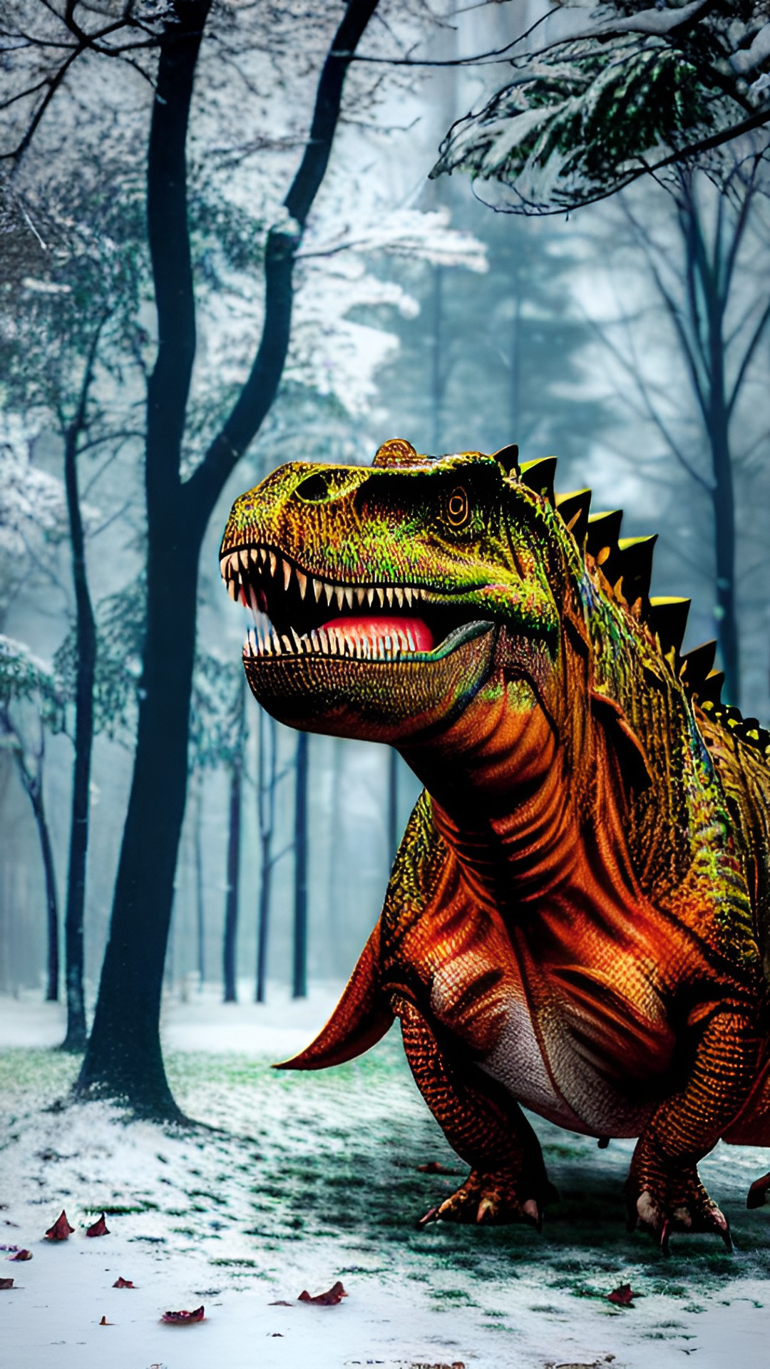 a dinosaur surrounded by falling leaves with snow on the ground preview