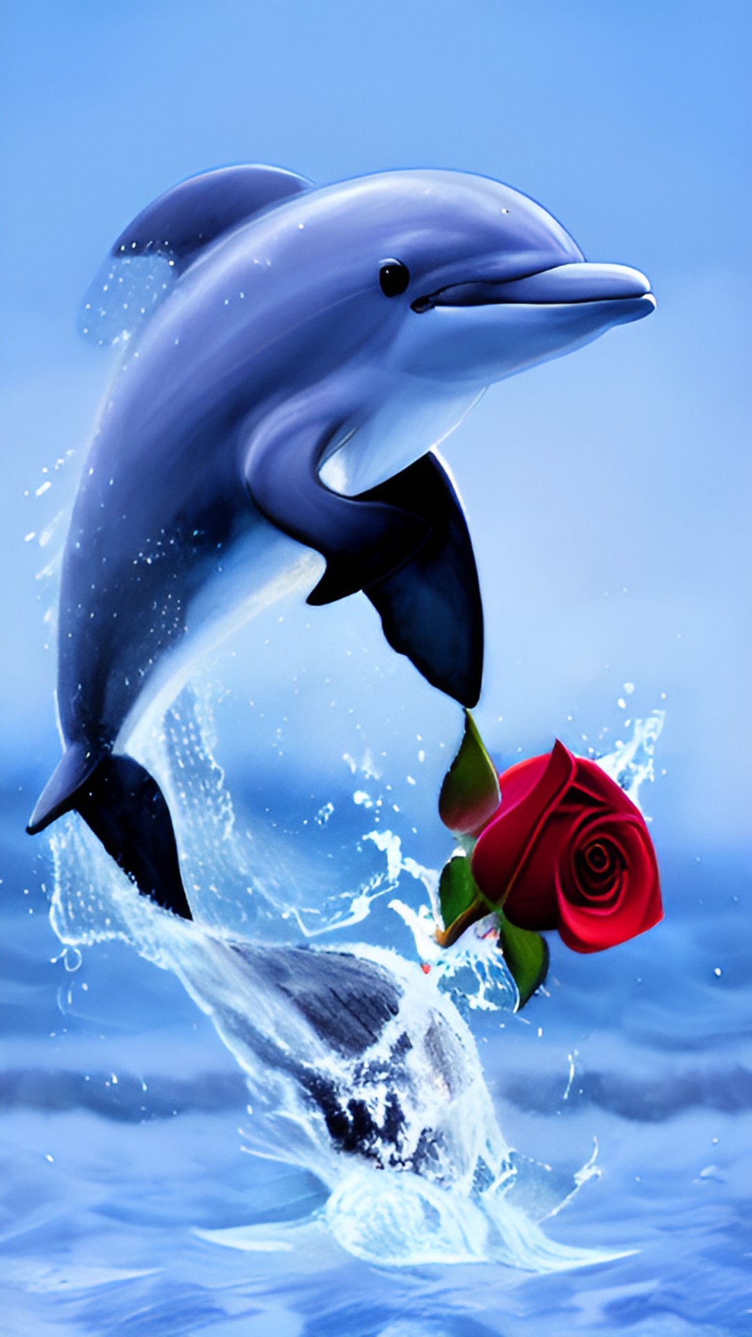 dolphin, with a rose in its mouth jumping out of water while it’s snowing preview