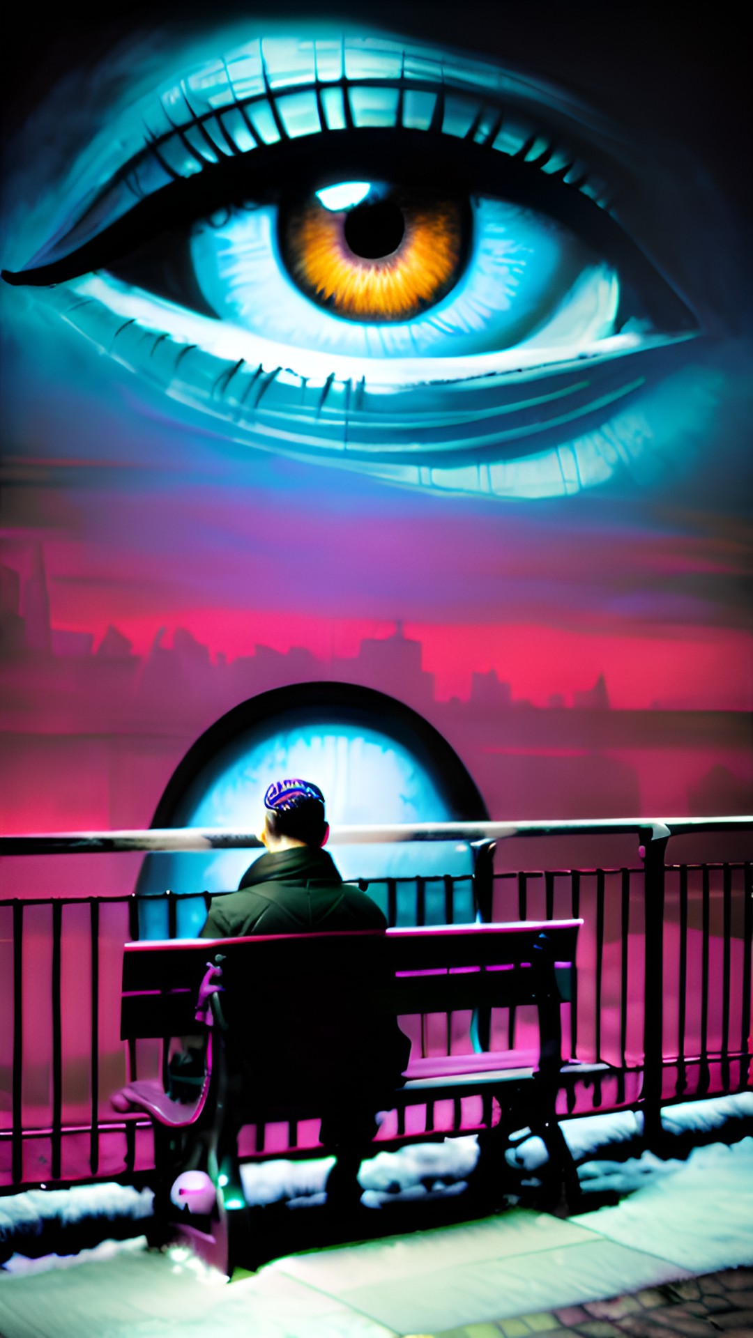 LookingThrough image - man sits on a park bench toward the camera, giant eye in the sky, being watched while alone preview