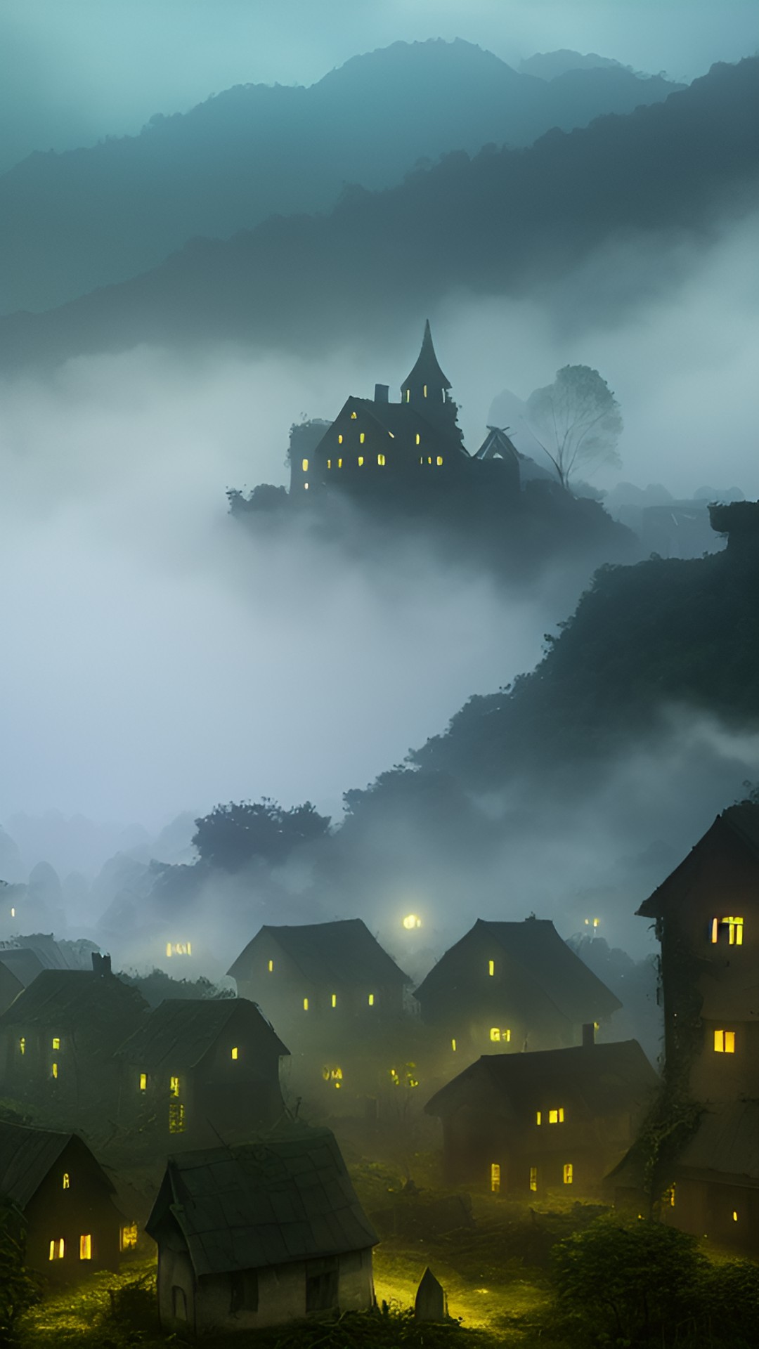 ruined village in the forest, with overgrown plants and vines, broken down buildings, and a feeling of abandonment. mist surrounds the buildings lending an eerie atmosphere as moonlight casts long shadows from behind preview