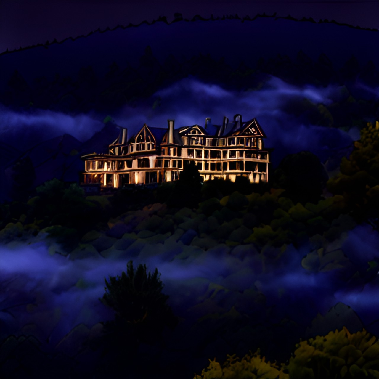 old mansion on top of a hill with fog around preview