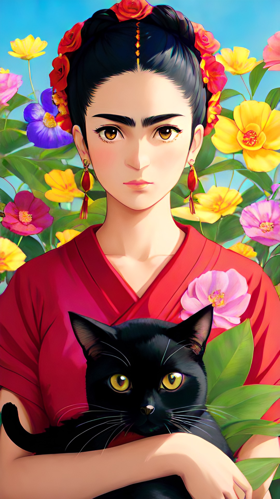 portrait of a cat in the style of frida khalo, flowers preview