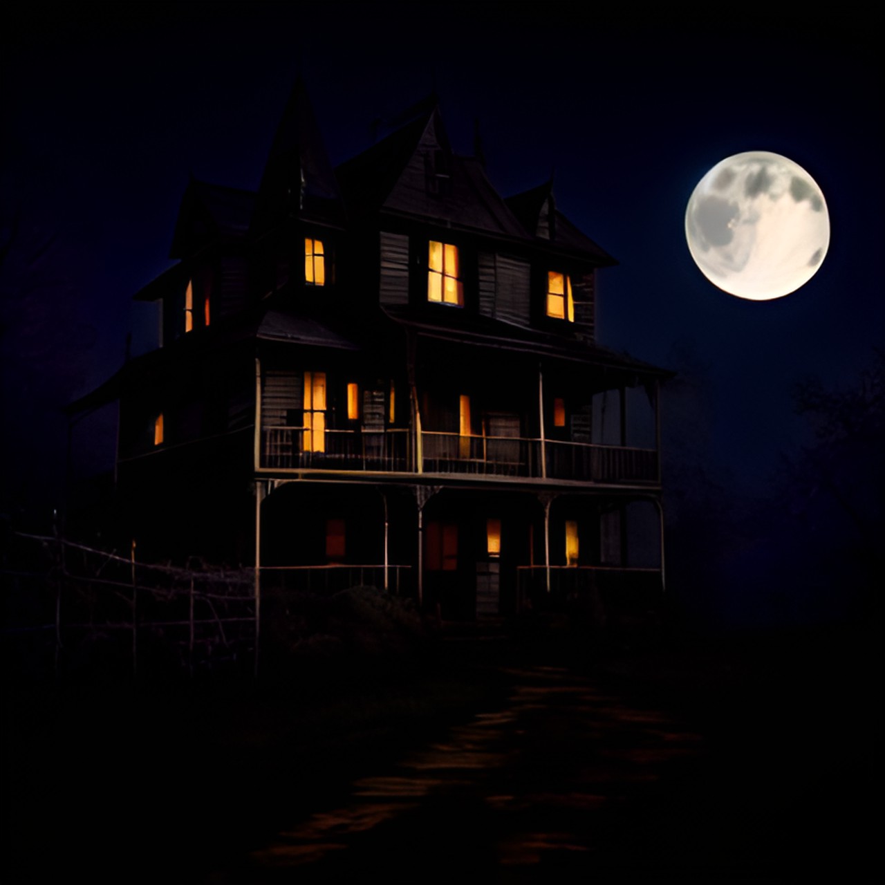 house dark - one haunted house on top of hill, digital art, overgrown driveway, old metal fence, nighttime, half moon preview