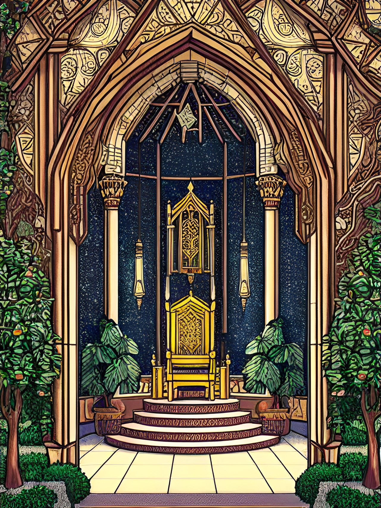 tarot style drawing: grand throne room inside a tiny castle in a healthy growing apple tree preview