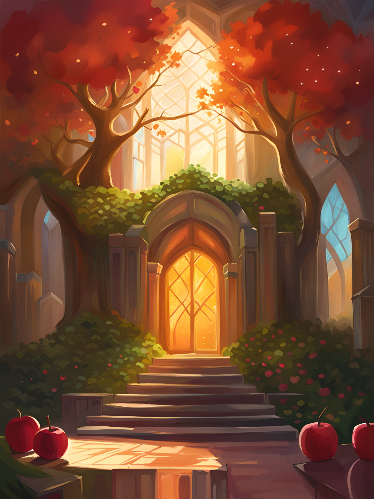 tarot style drawing:  grand throne room inside a tiny castle in a healthy growing apple tree preview