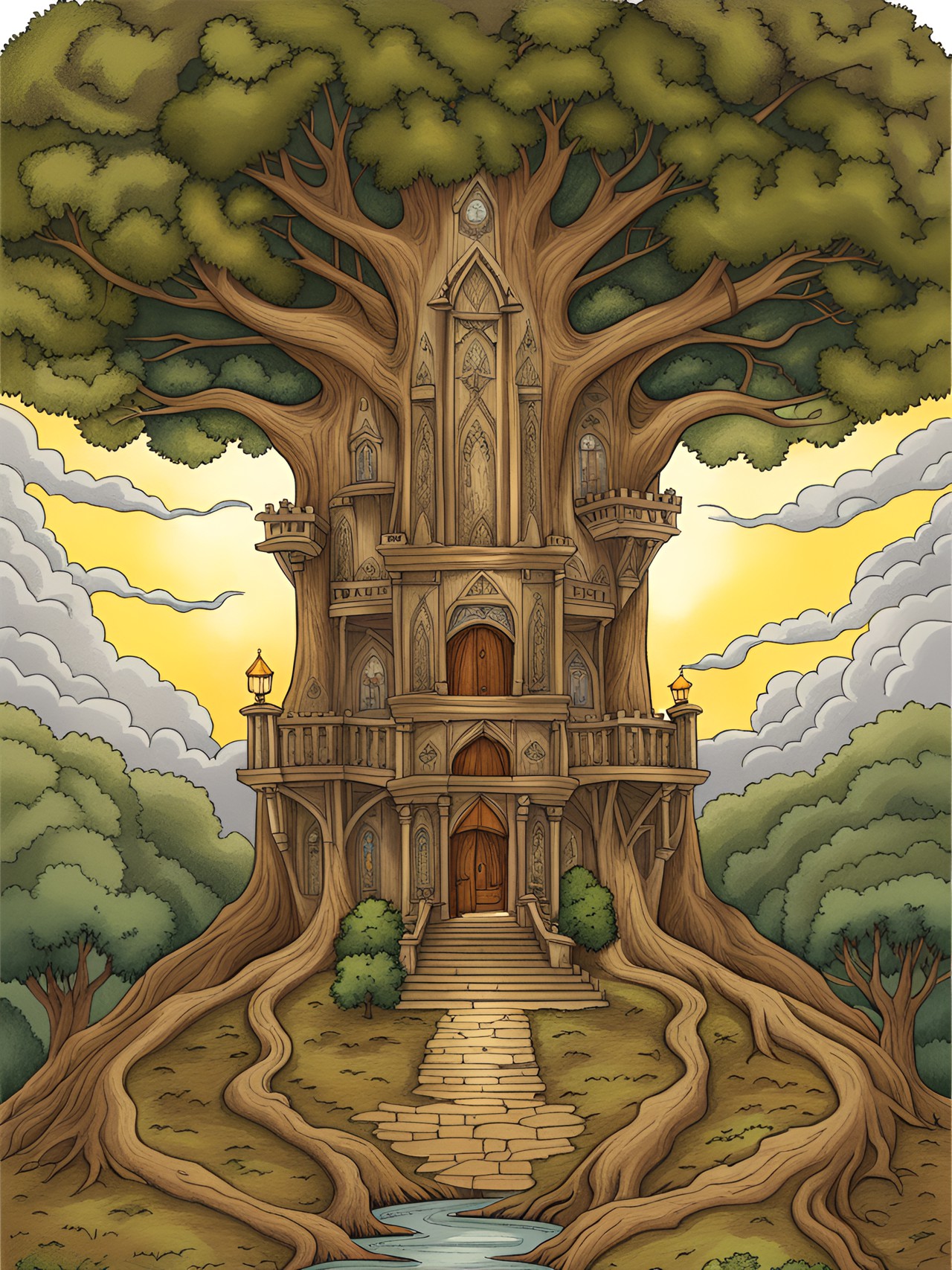 tarot style drawing:  grand throne room inside a tiny castle in a healthy growing oak tree preview