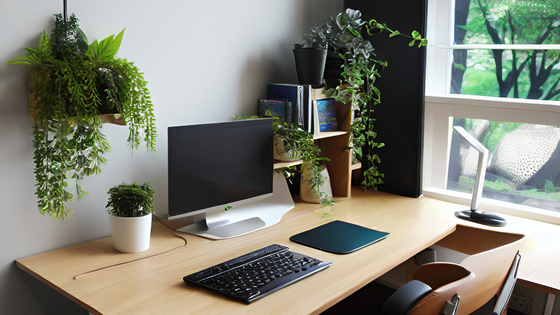 High Tech Greenery - work pc station with natural light and wood, fake greenery to brighten the space. preview