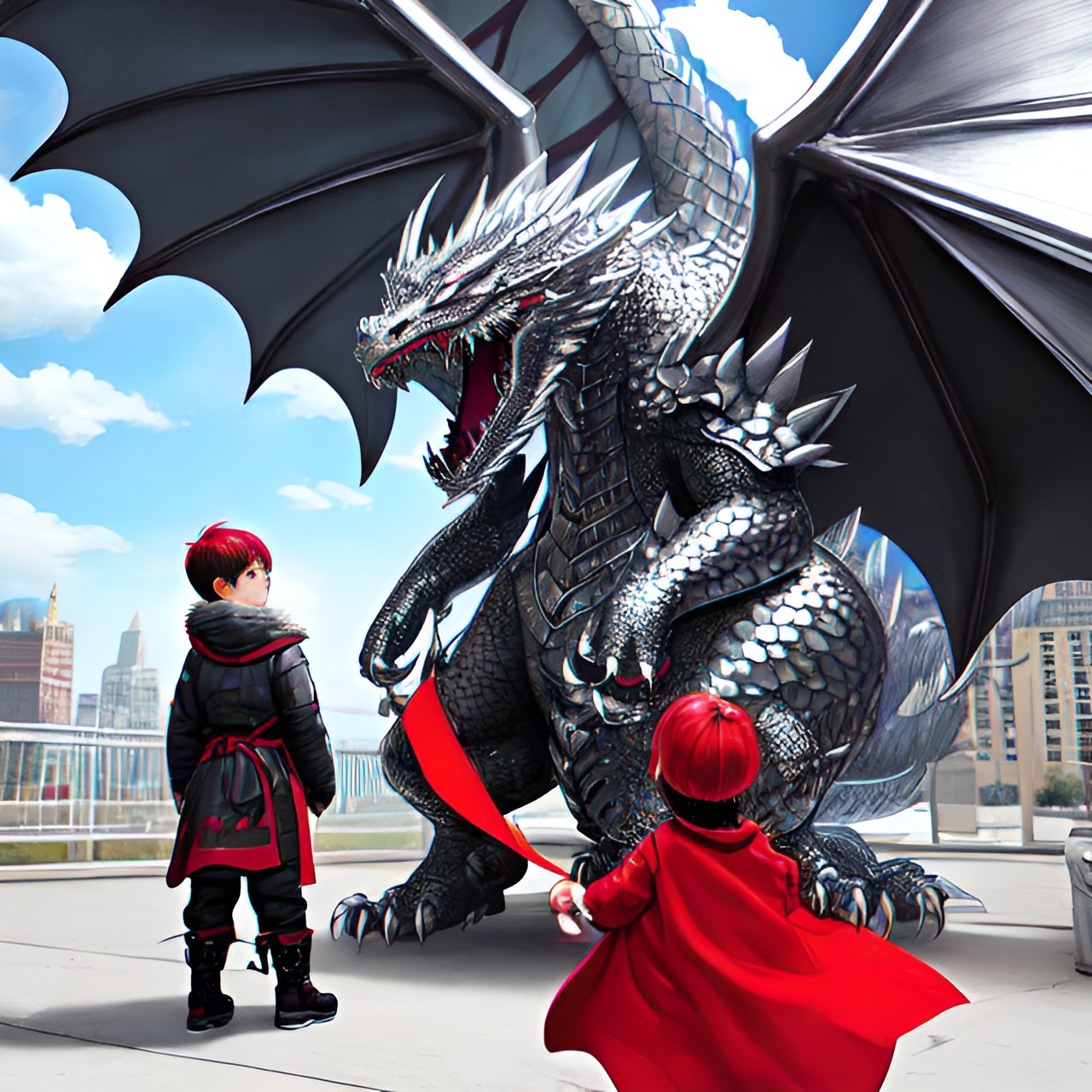 silver dragon behind a child, the red word beware above them. preview