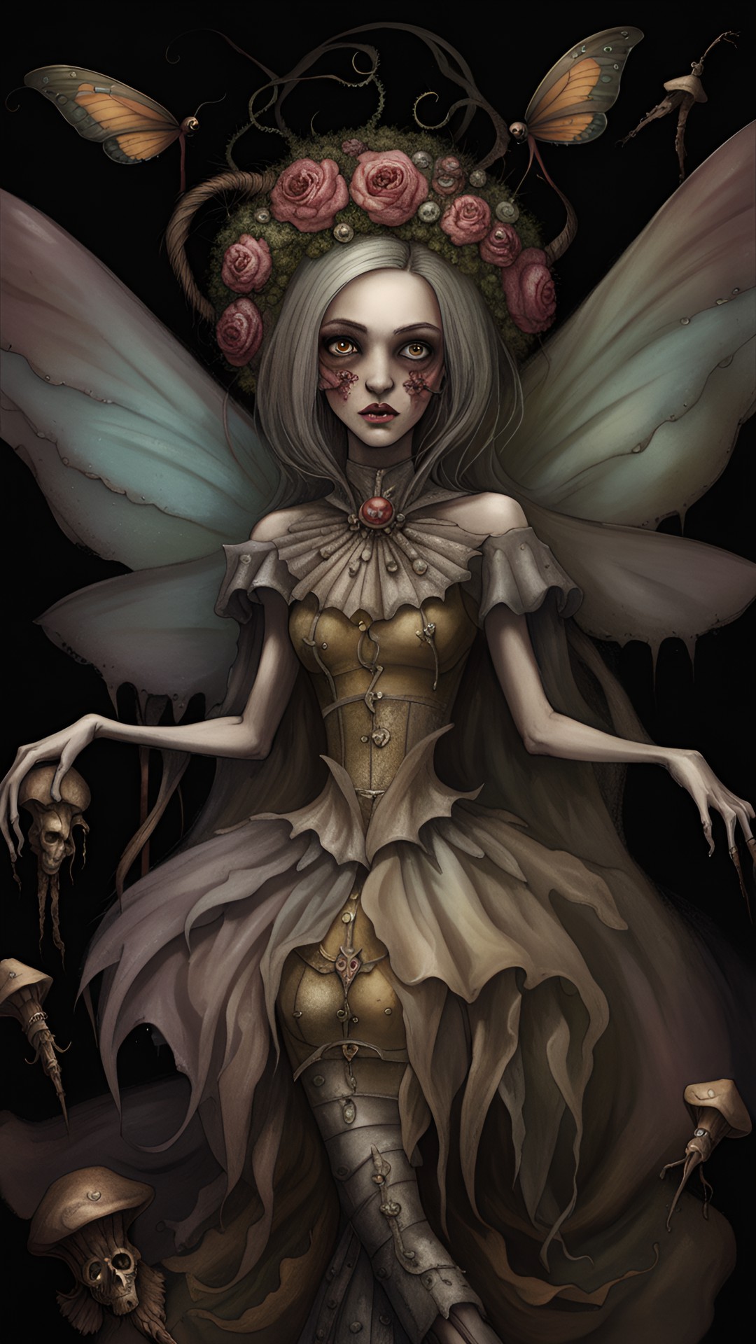 evil, cruel, petty death fairy princess in drab, putrid colors, bones, flies, fungi preview