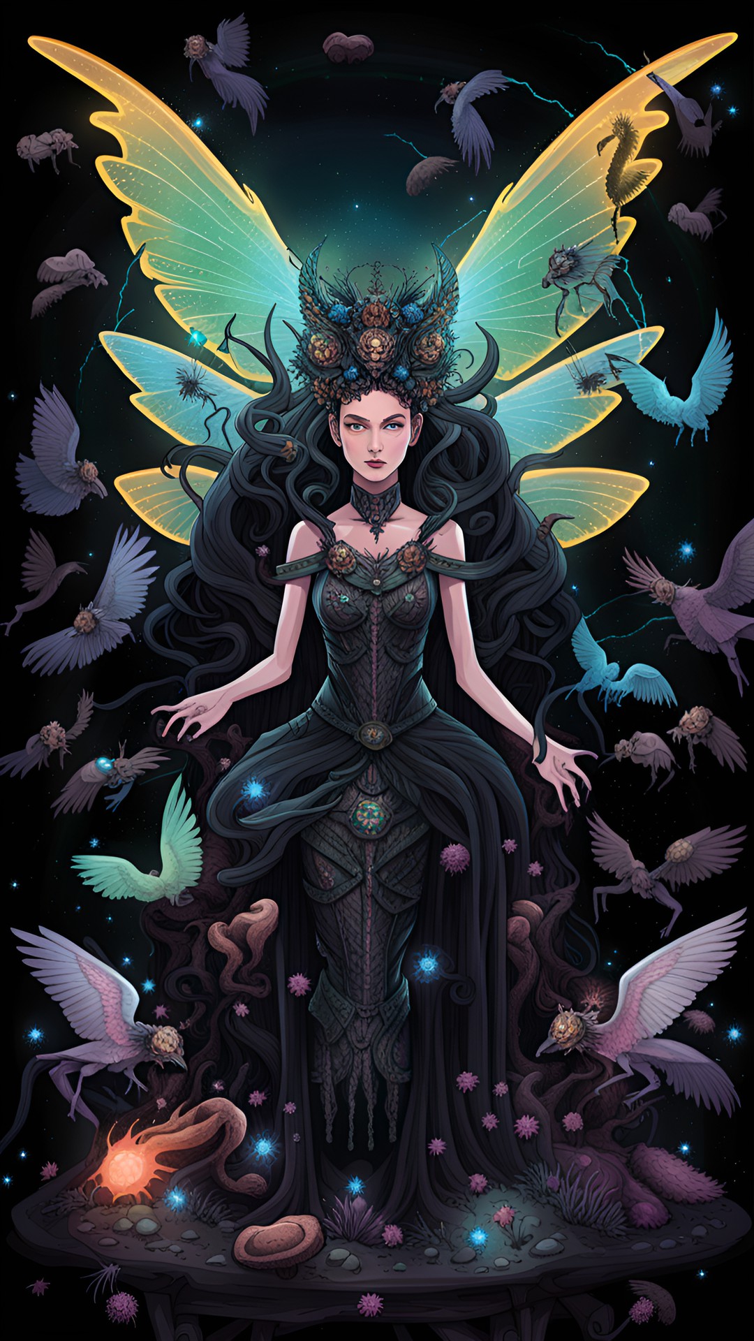 evil, cruel, petty death fairy princess in drab, putrid colors, bones, vultures, swarm of black flies, fungi preview