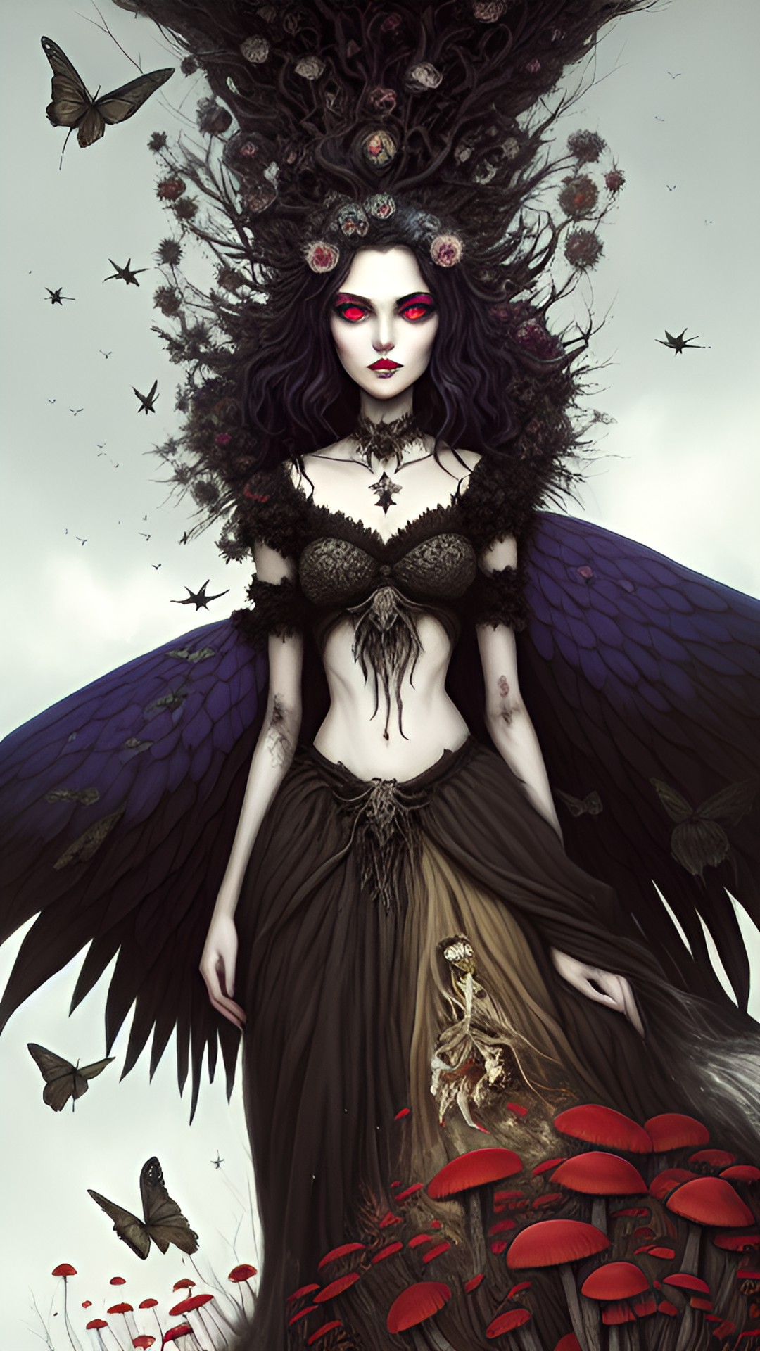 evil, cruel, petty death fairy princess in drab, putrid colors, bones, vultures, swarm of black flies, fungi preview