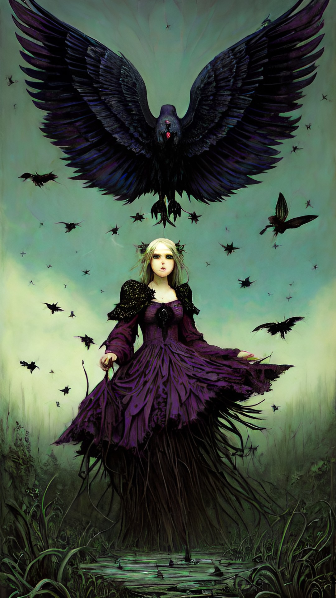 evil, cruel, petty death fairy princess in drab, putrid colors, bones, vultures, swarm of black flies, fungi preview