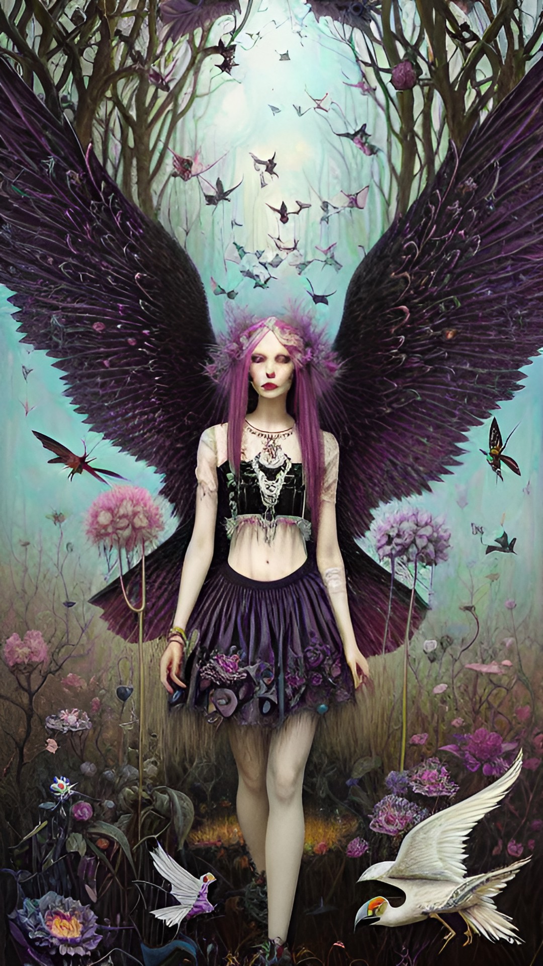 evil, cruel, petty death fairy princess in drab, putrid colors, bones, vultures, swarm of black flies, fungi preview