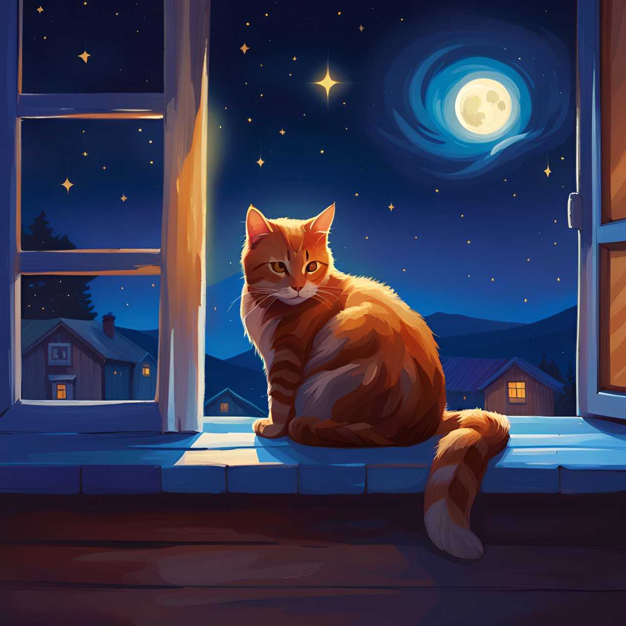 cat on wood window, night, cosiness, magic vibe, starry night, village, vintage preview