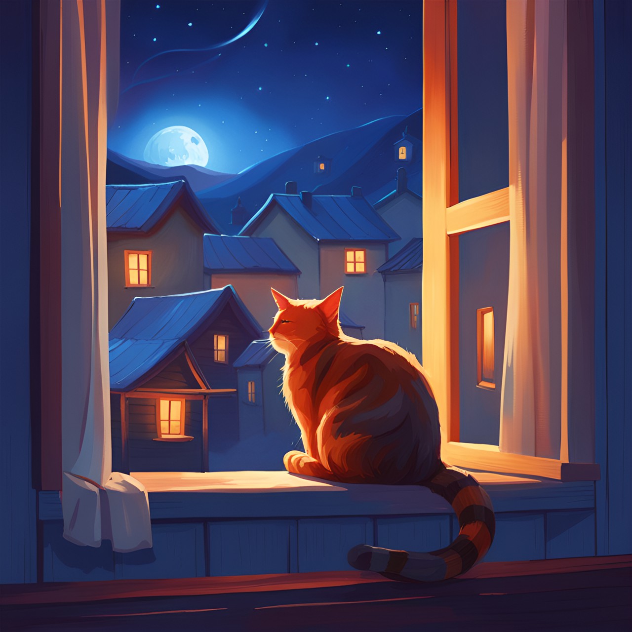 cat on wood window, curtains, night, cosiness, magic vibe, starry night, village, lowlight preview