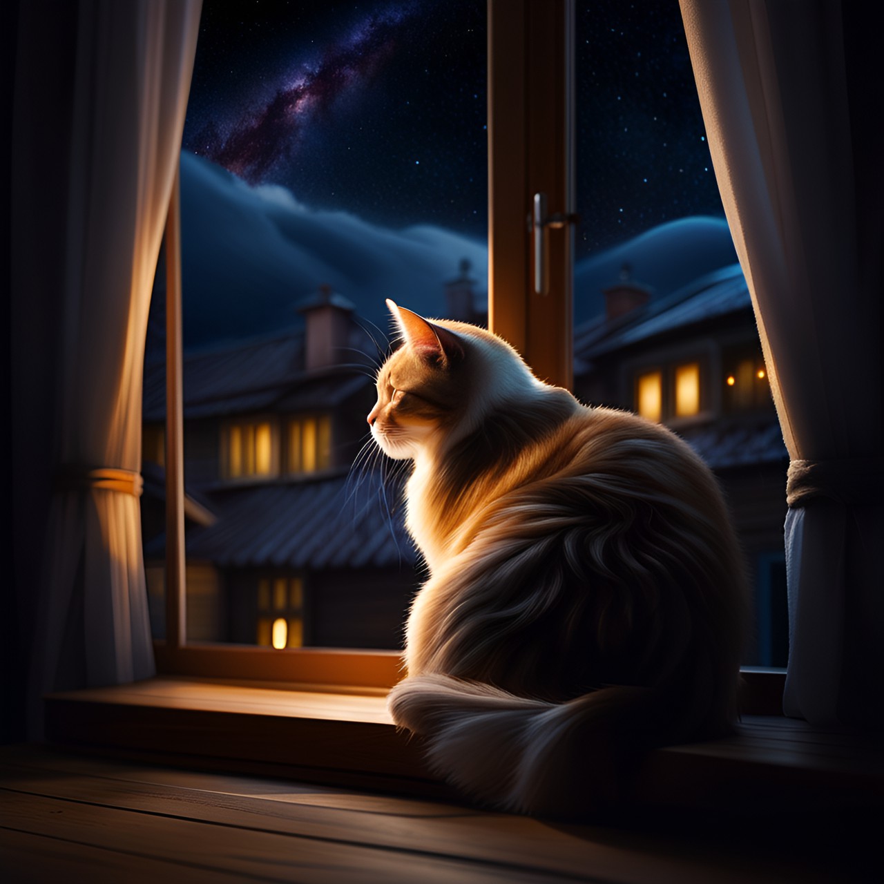 cat on wood window, curtains, night, cosiness, magic vibe, starry night, village, lowlight preview