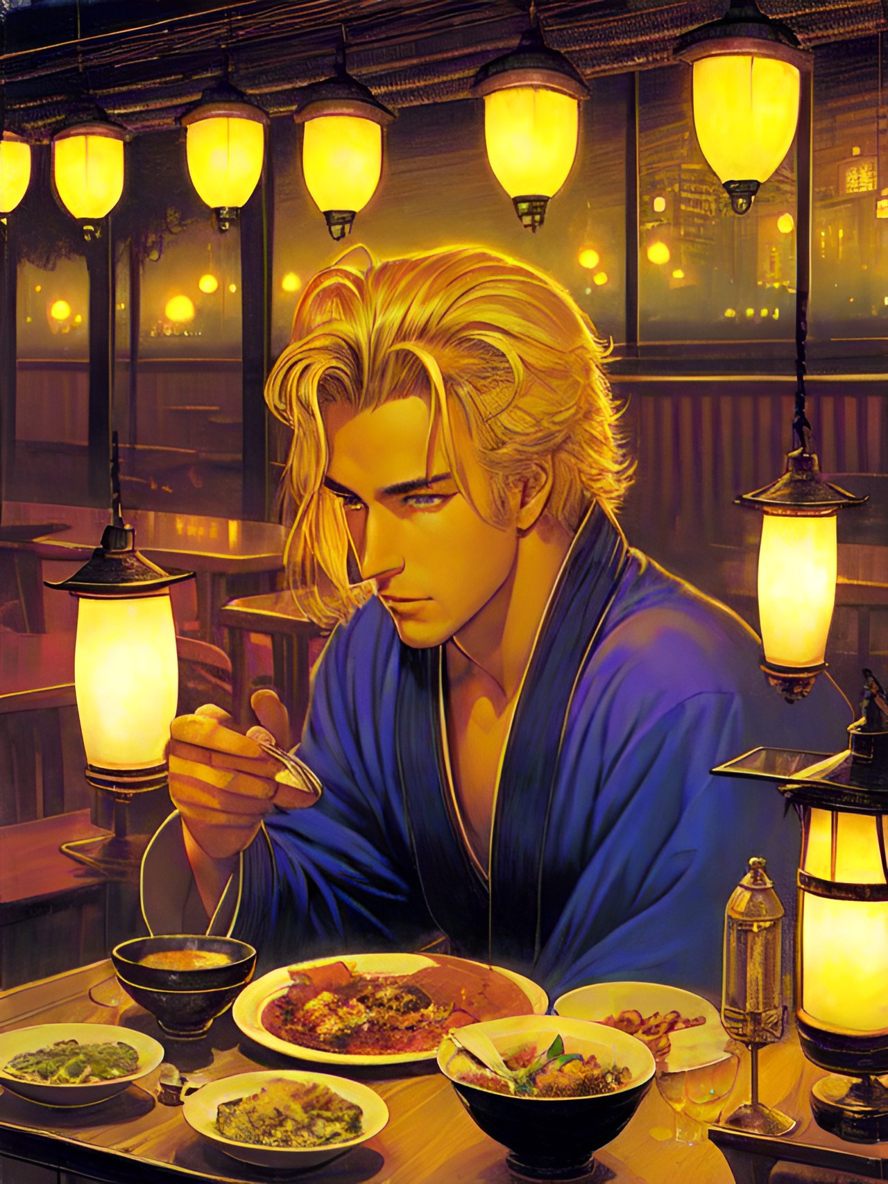 🍛 - blonde man in a robe eating at a lone restaurant at night; top view; steamy, dim, low light; lanterns; voluminous atmosphere; anime preview