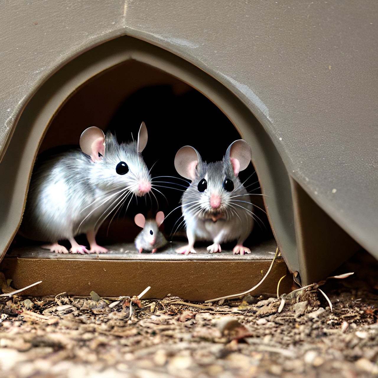 mouse family settling into a new home in a dark, unused corner in an abandoned haunted house preview