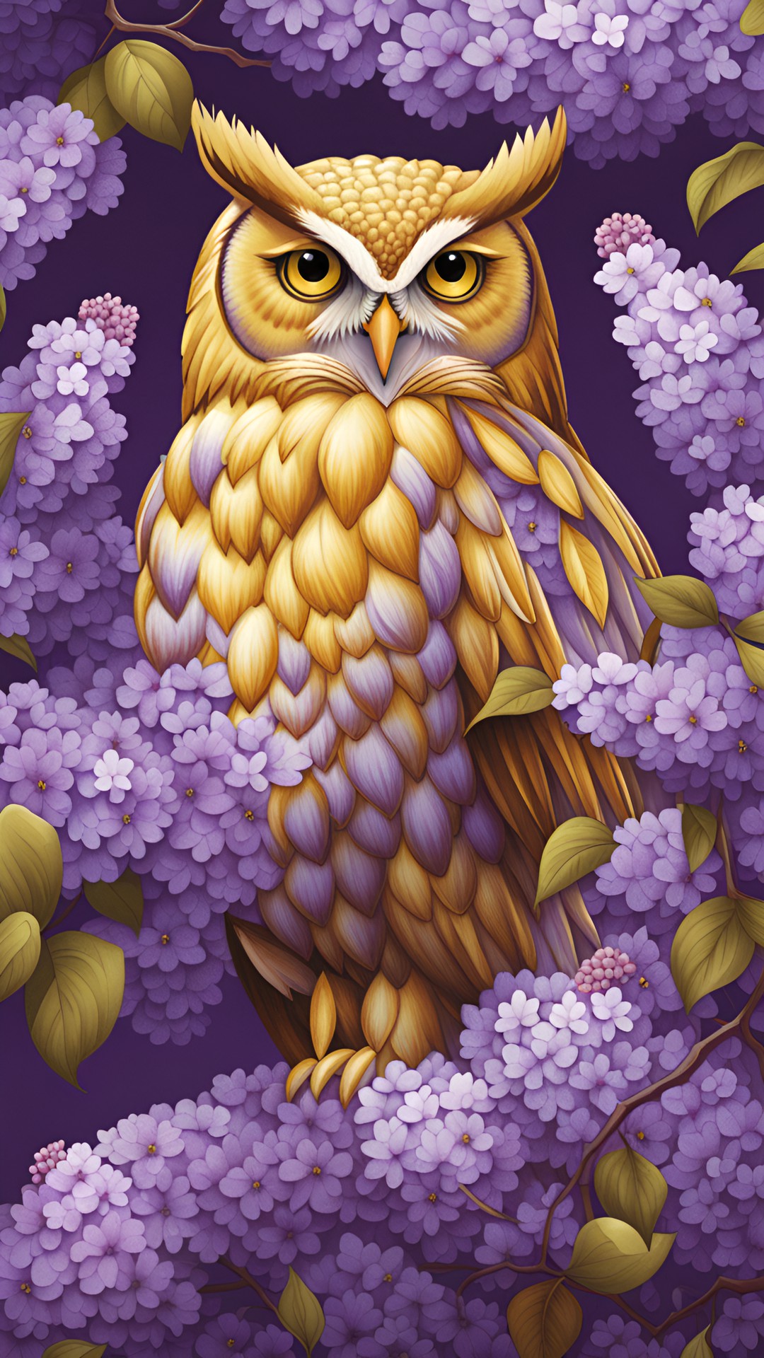 majestic golden owl, resting in a bouquet of lilacs preview