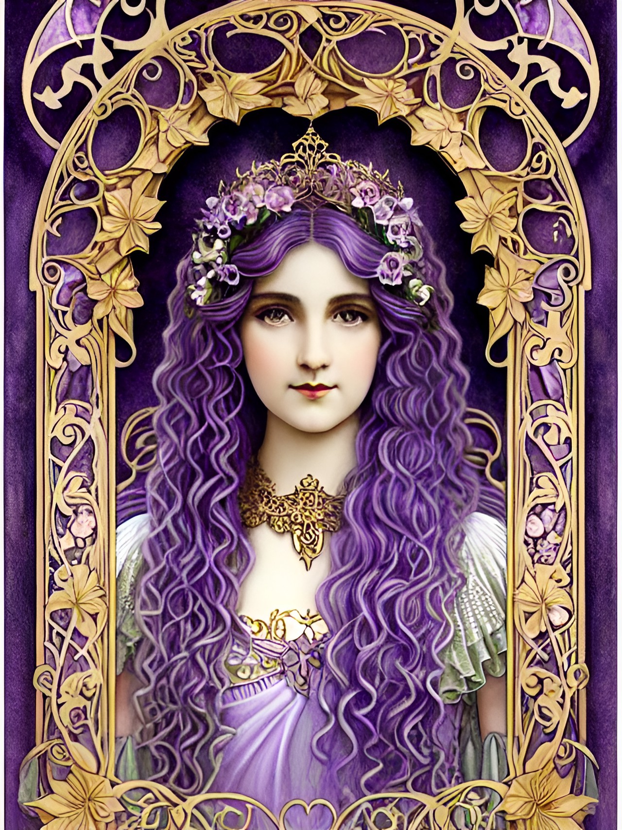 art nouveau magical purple fairy princess, gold details, wisteria preview