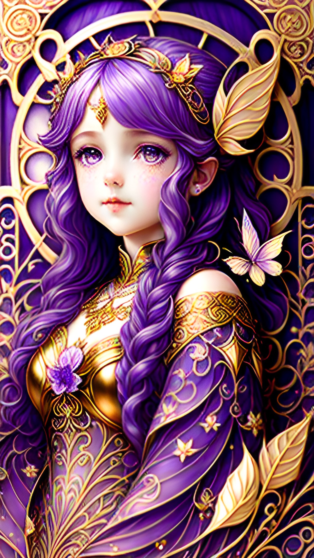 art nouveau magical purple fairy princess, gold details, wisteria preview