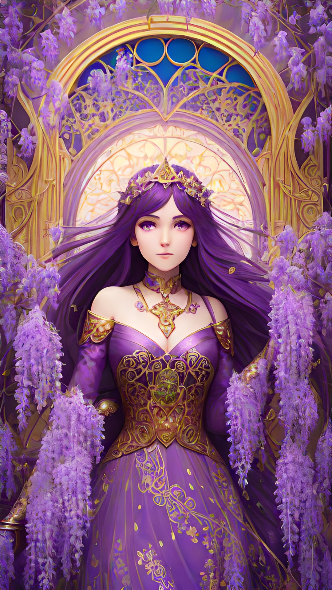 art nouveau magical purple fairy princess, gold details, wisteria preview