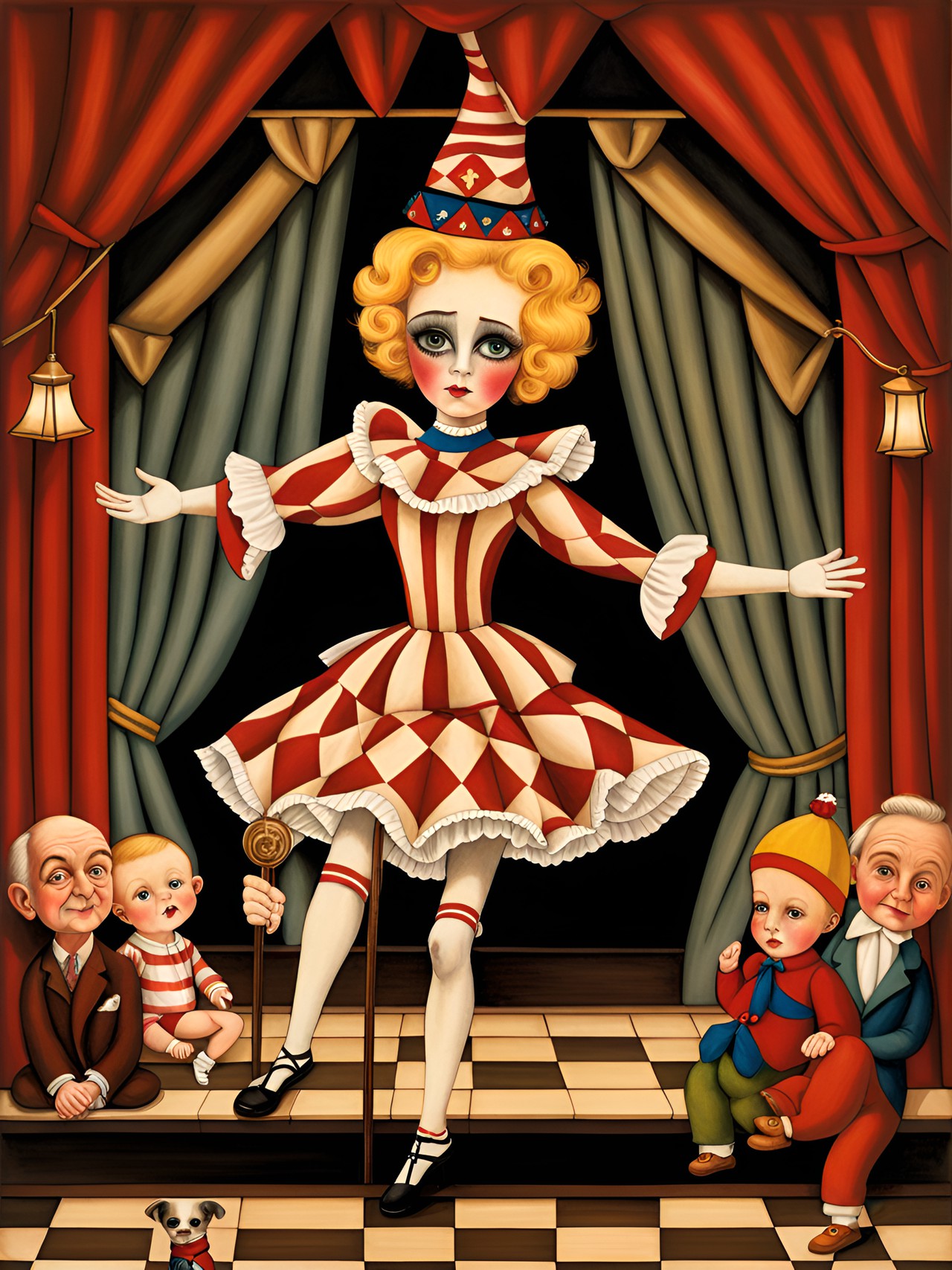 a harlequin marionette preforming a vaudeville show by margaret keane, grant wood, bill carman,& ray caesar preview