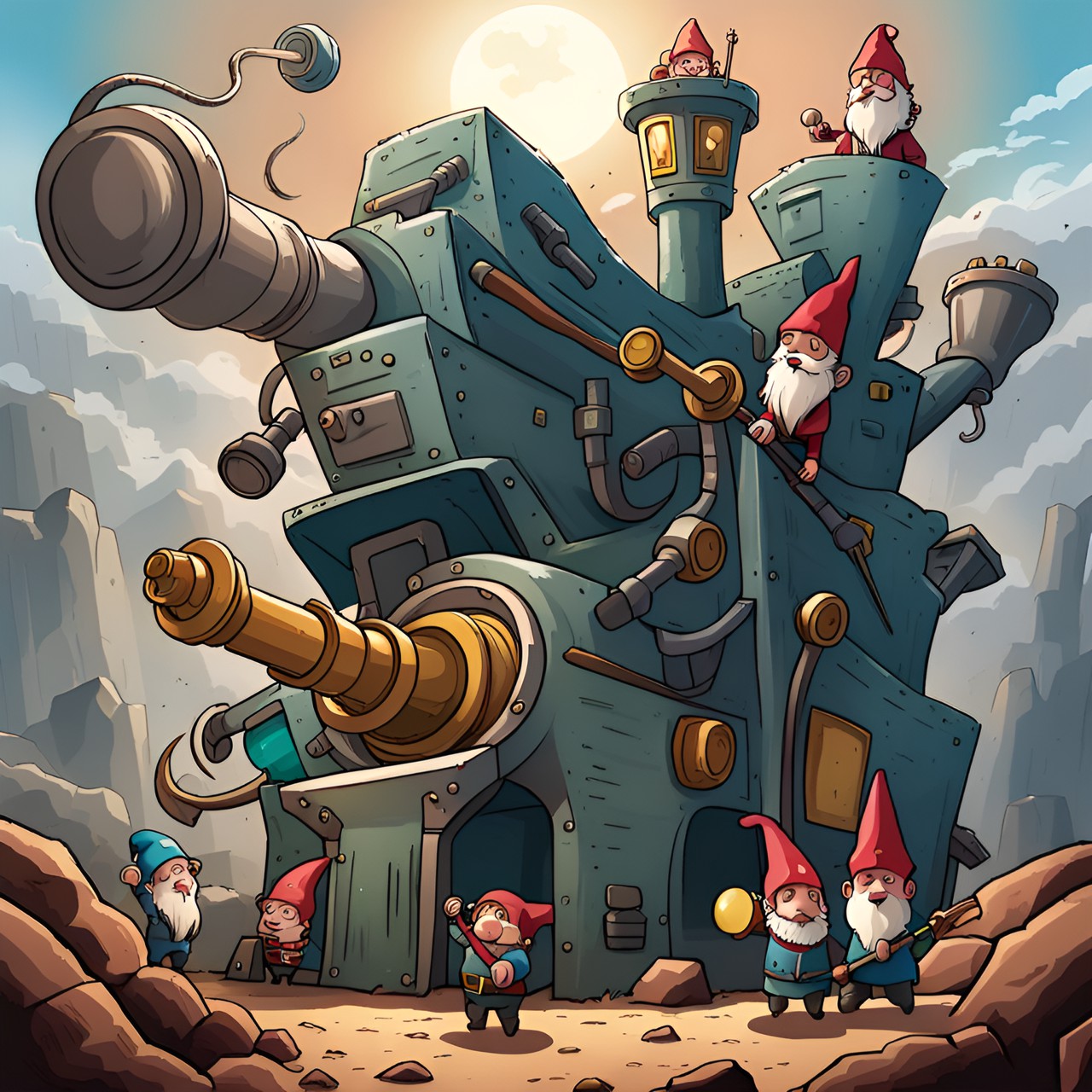 Doomsday device - tiny gnomes operating a giant mechanical machine of destruction preview