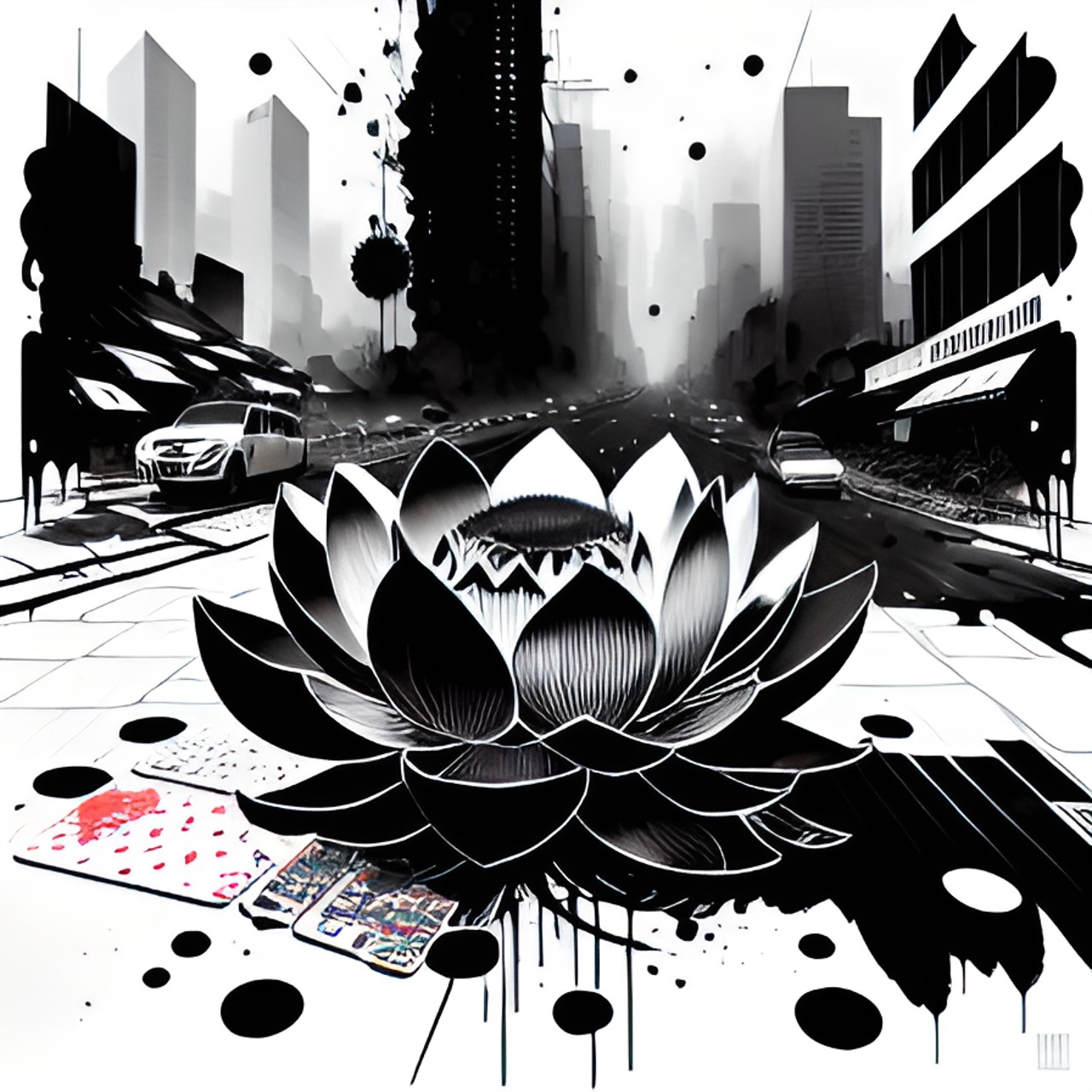 AceLotus - create a lotus flower blooming in a run down burning city surrounded by playing cards - lotus flower blooming in a run down burning city surrounded by playing cards. the lotus is a symbol of hope and preview