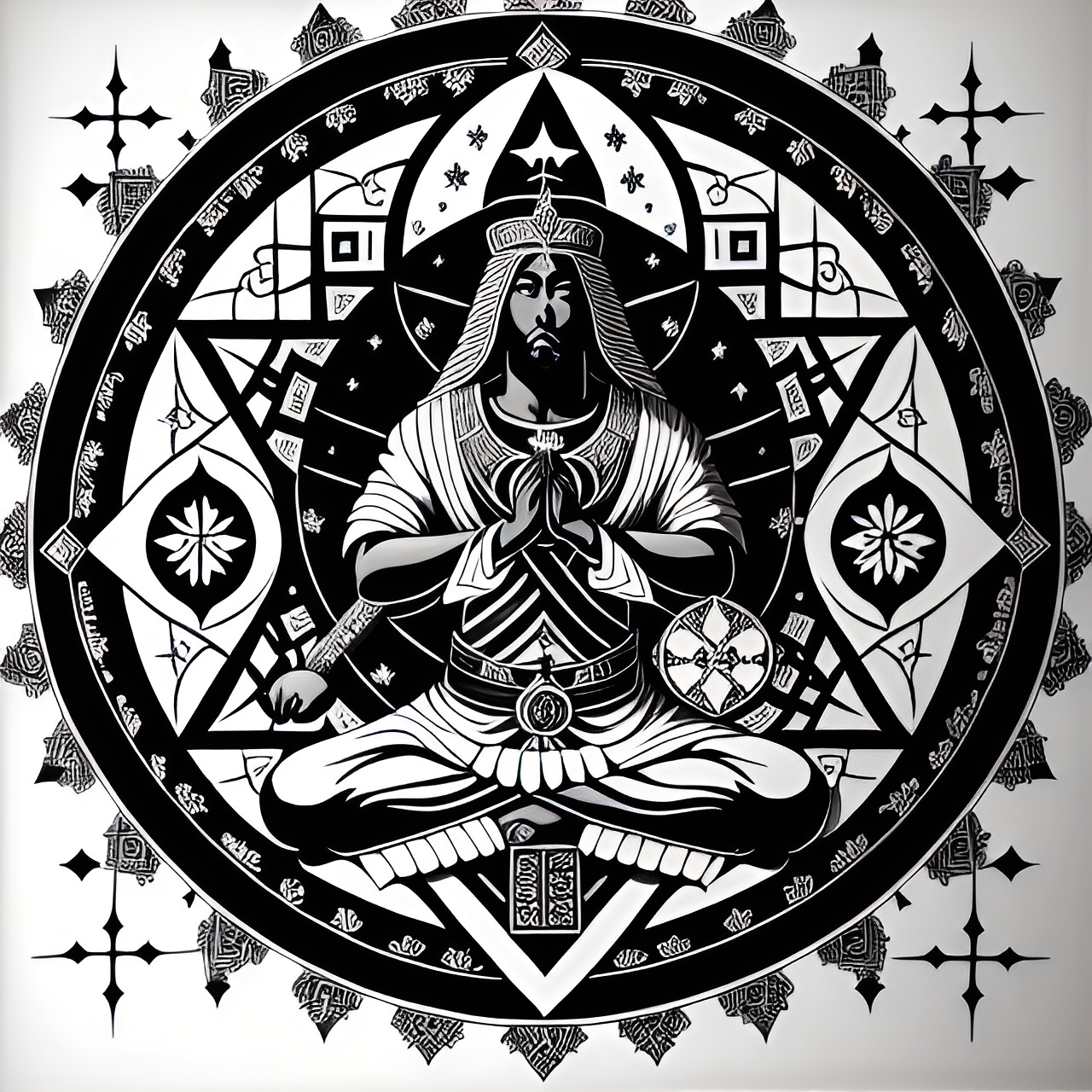 "create an image that depicts a central figure of black christ, surrounded by symbols representing various spiritual and philosophical beliefs. include the symbol for the eightfold path, the gnostic cross, a yin yang, an ankh, a christian cross, a pentagram, and the great pyramid. the composition should convey a sense of unity and diversity. preview