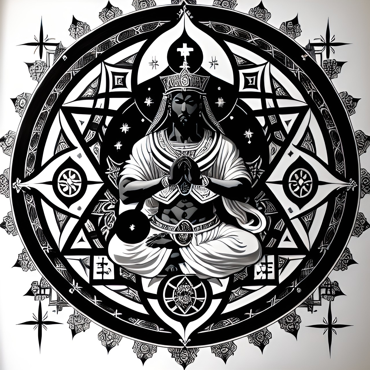 "create an image that depicts a central figure of black christ, surrounded by symbols representing various spiritual and philosophical beliefs. include the symbol for the eightfold path, the gnostic cross, a yin yang, an ankh, a christian cross, a pentagram, and the great pyramid. the composition should convey a sense of unity and diversity in spi preview