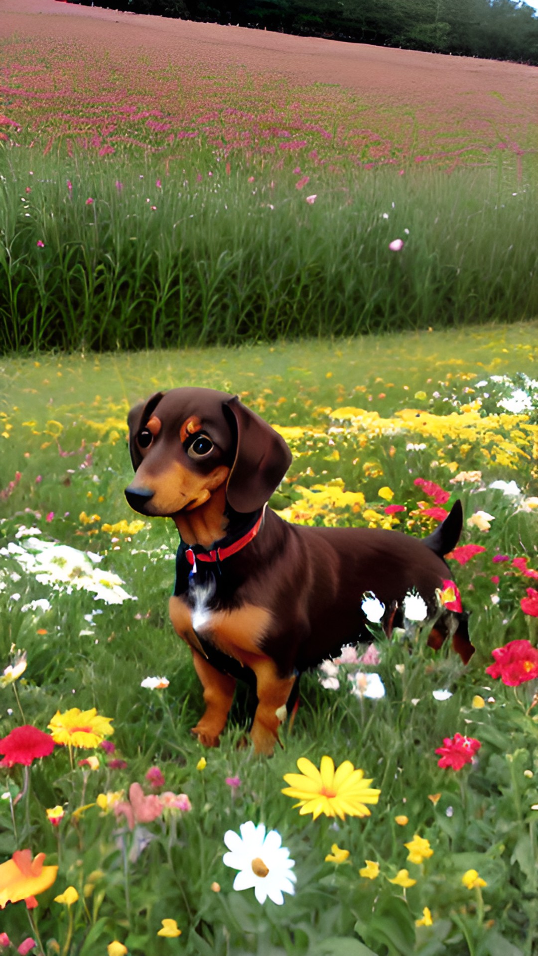 a miniature dachshund  in a feild of flowers preview