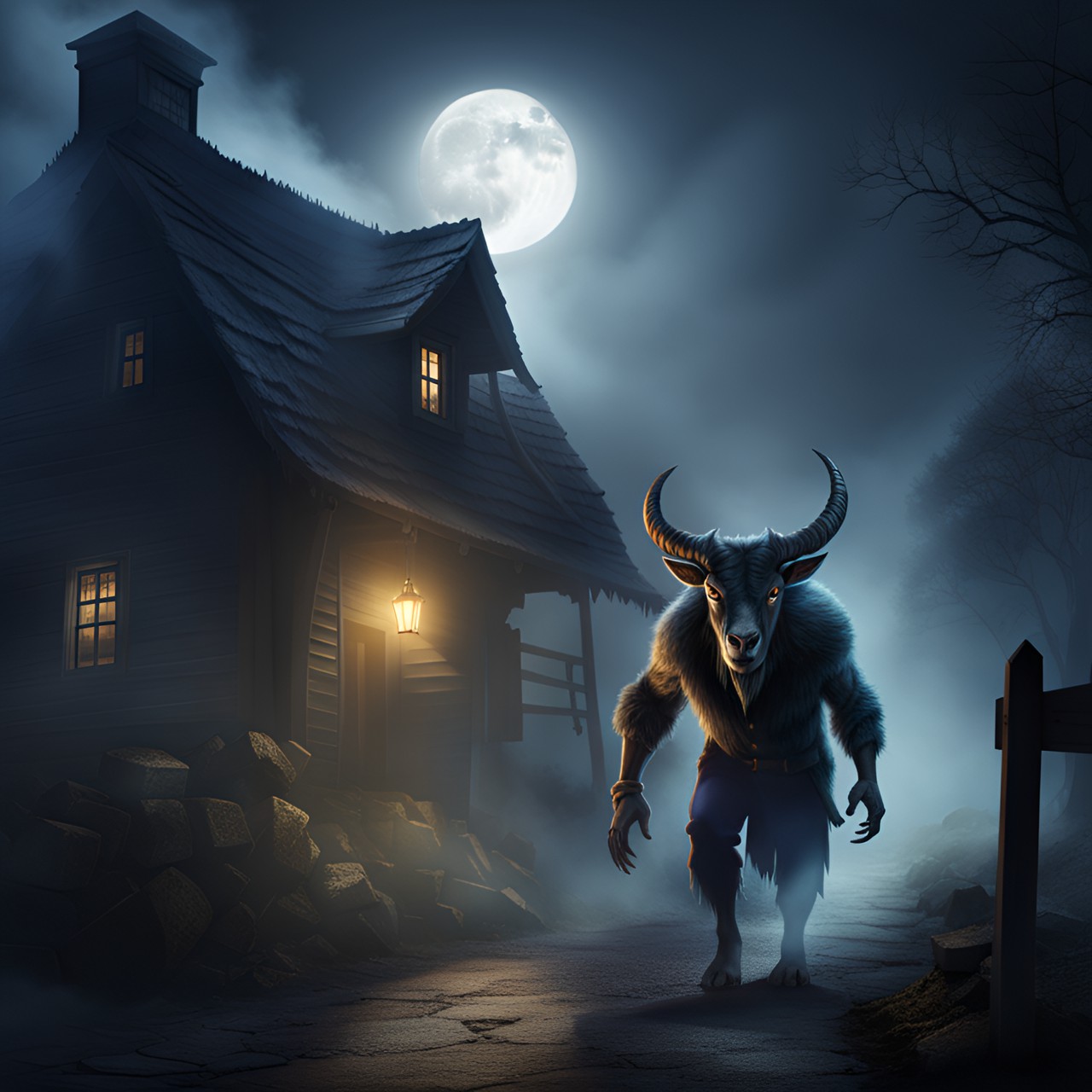 monstrous goat man beast terrorizing a small cottage town surrounded by fog on a dark moonlit night preview