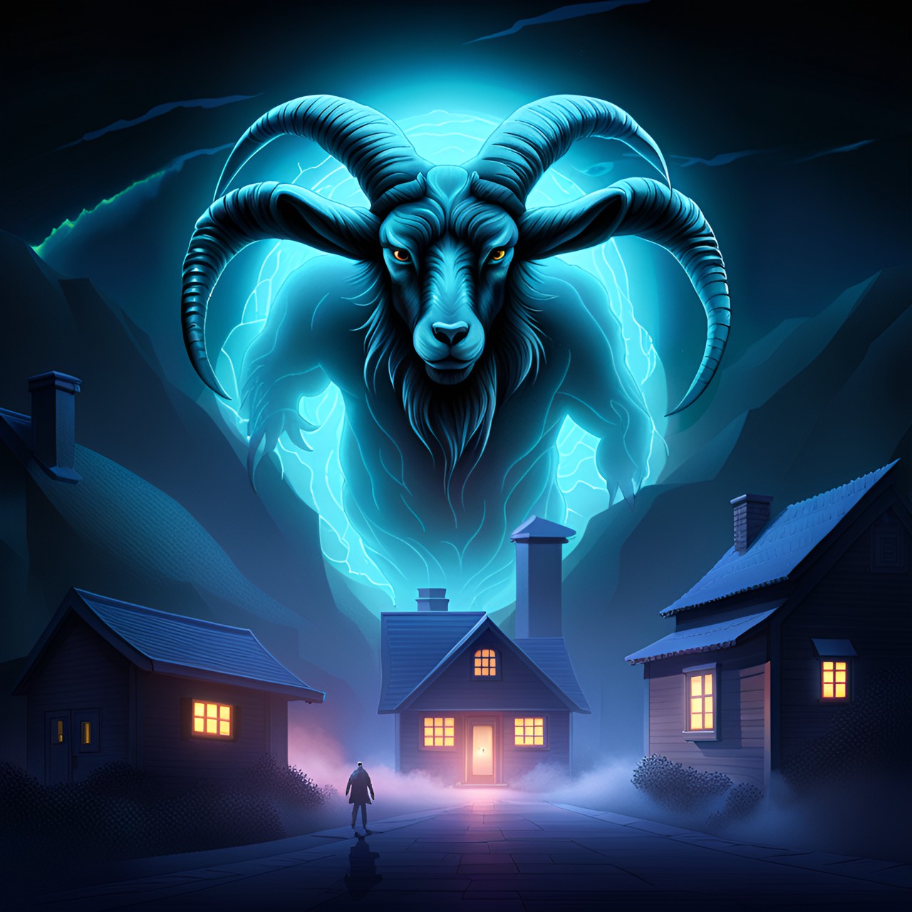 monstrous goat man beast terrorizing a small cottage town surrounded by fog on a dark moonlit night preview