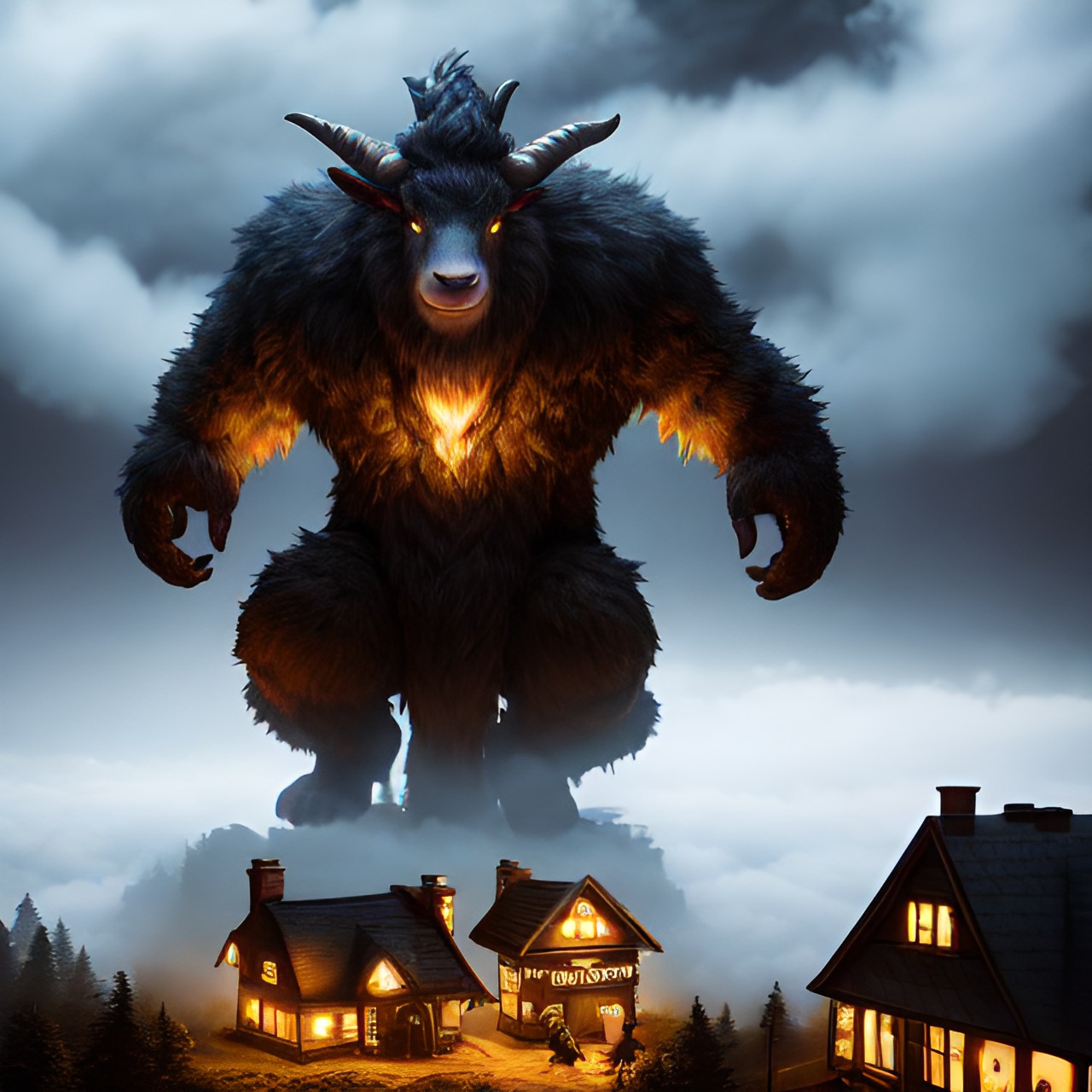 monstrous goat man beast terrorizing a small cottage town surrounded by fog on a dark moonlit night preview