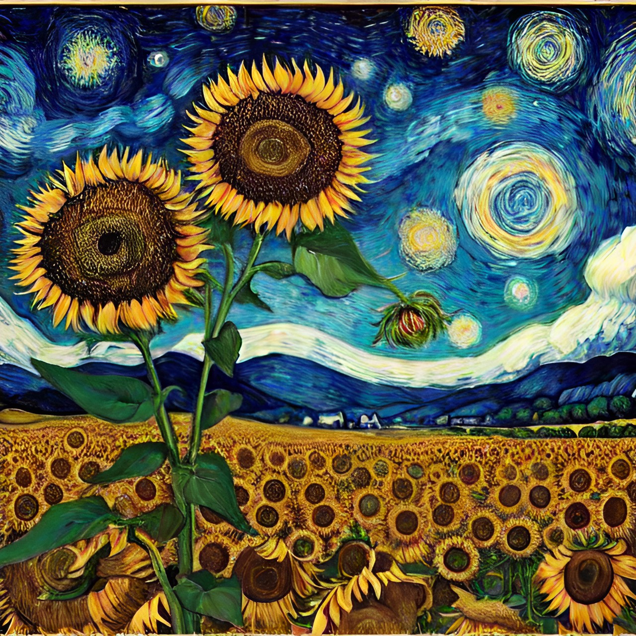 van gogh, field of sunflowers with a starry night sky preview