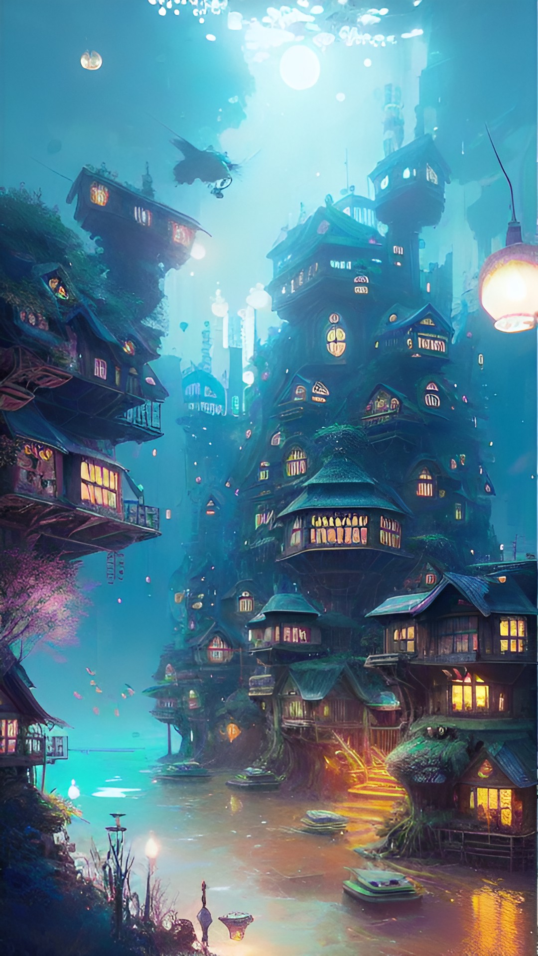 the view from the lakeshore of a magical underwater sprite village. the lights glowing from the windows can be seen from above the surface. preview