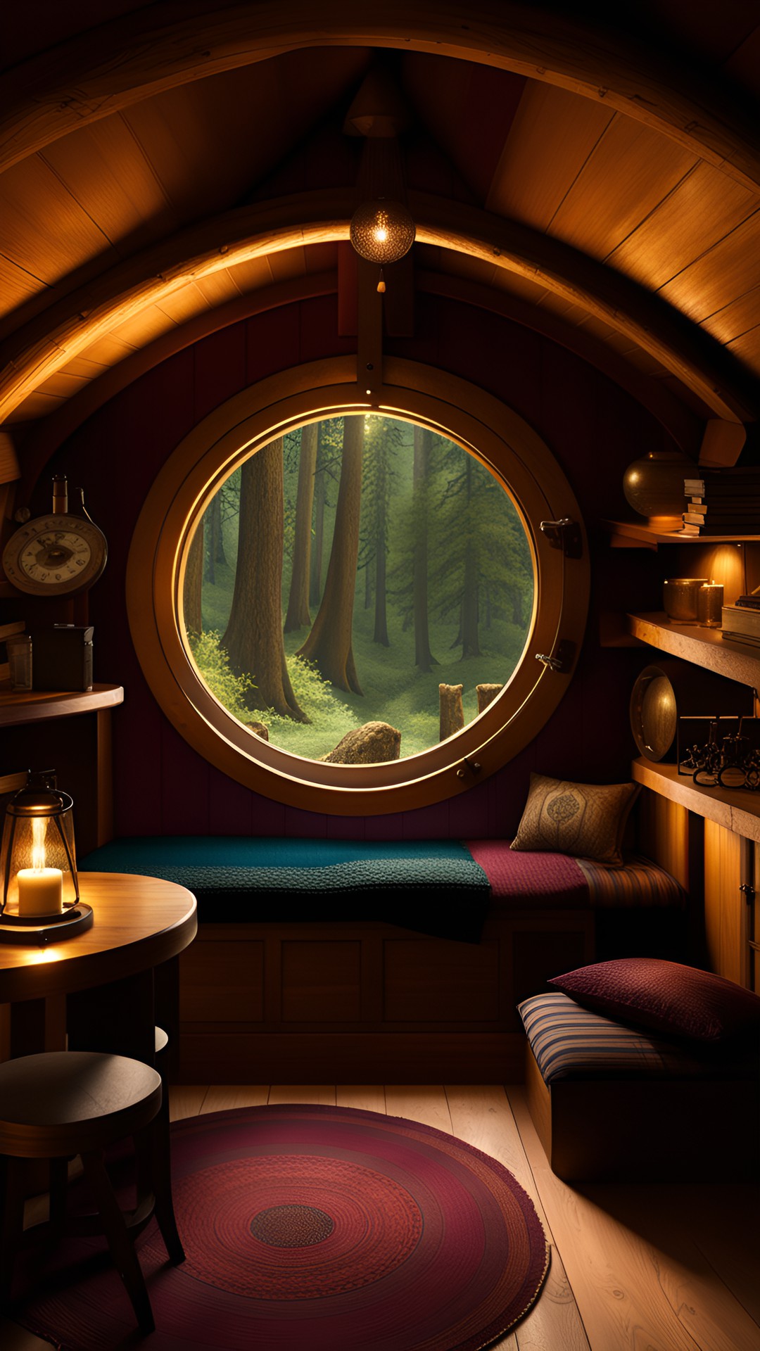 cozy rustic hobbit cabin interior, porthole window, natural light, burgundy, gold, jewel tones, midnight blue, forest green preview