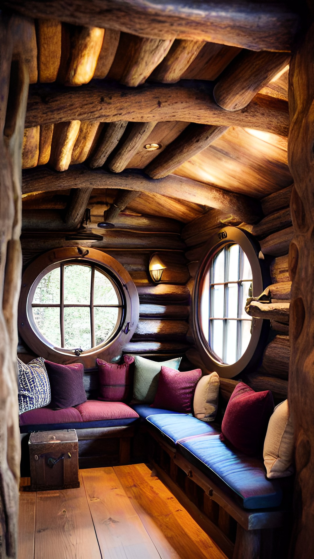 interior decor: cozy rustic hobbit cabin interior, porthole window, natural light, burgundy, gold, jewel tones, midnight blue, forest green preview