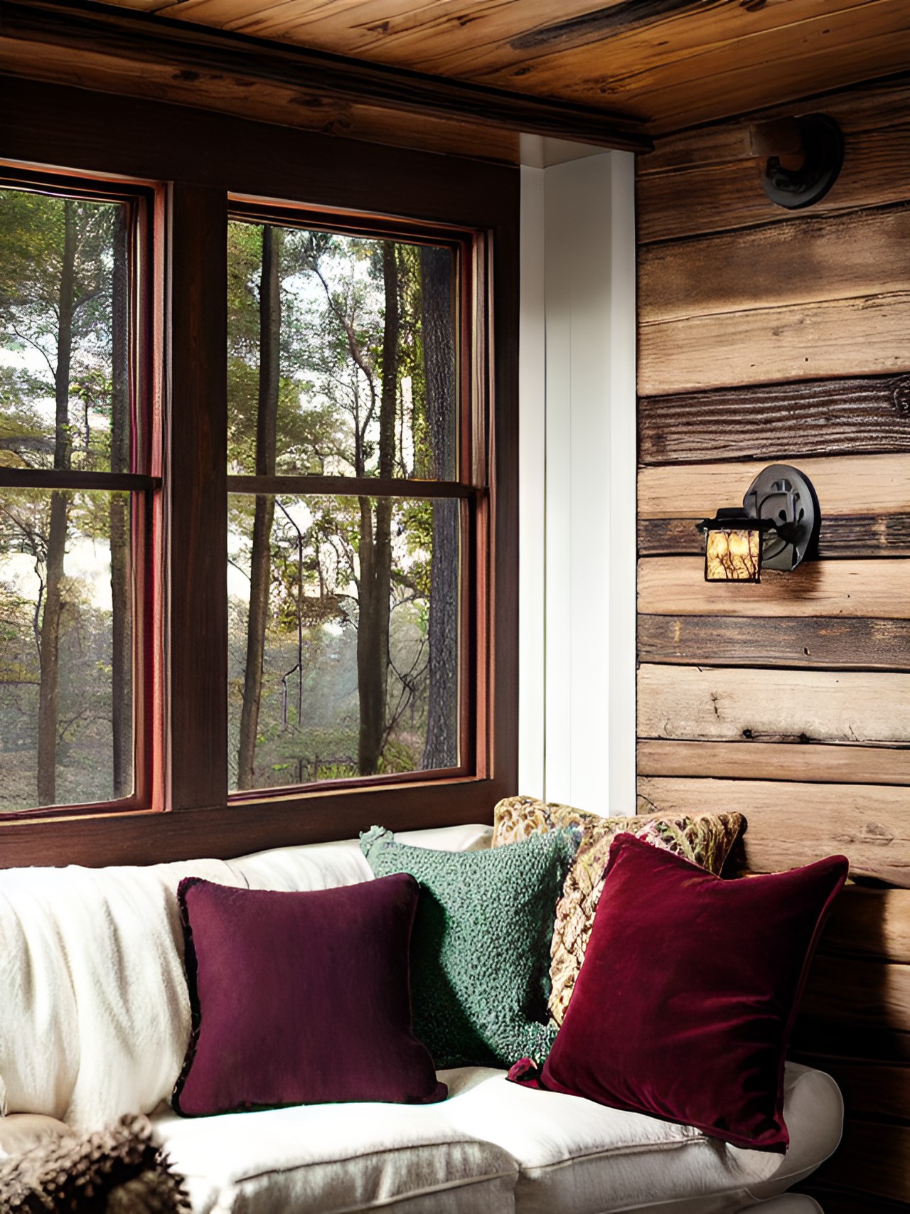 interior decor: cozy rustic cottage interior, porthole window, natural light, burgundy, gold, jewel tones, midnight blue, forest green preview