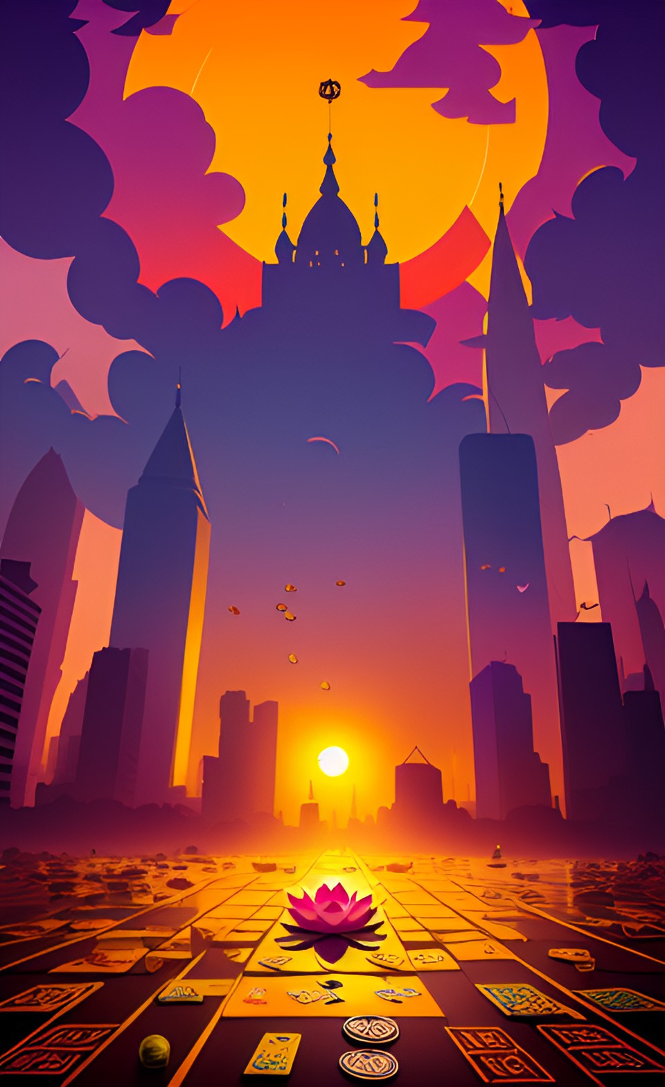 picture a serene lotus flower blooming amidst a chaotic scene. the city around it is in ruins, with buildings shattered and streets torn apart. the sun is setting in the background, casting a golden glow that contrasts the destruction. scattered all around the lotus are playing cards, each one a symbol of resilience and endurance. preview