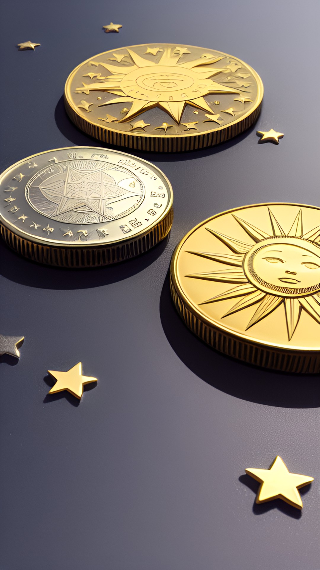 silver and gold coin with sun and stars preview