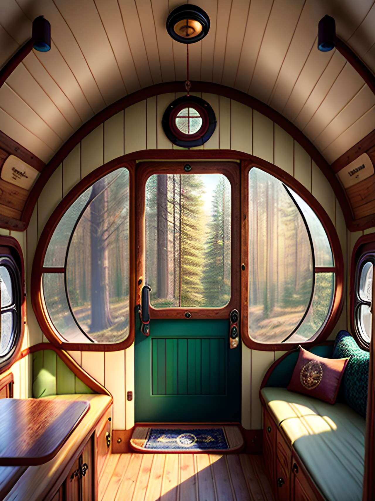 interior decor: cozy rustic camper interior, porthole window, natural light, burgundy, gold, jewel tones, midnight blue, forest green preview